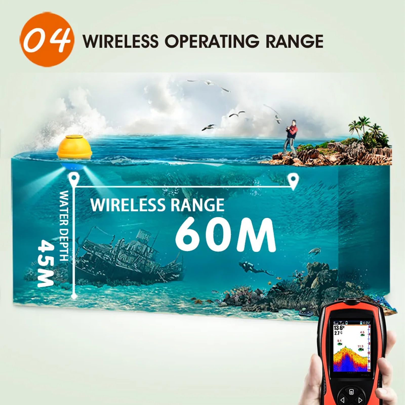 Ecoscandaglio wireless ricaricabile per pesca Ecoscandaglio portatile per pesca con profondità dell'acqua 45M