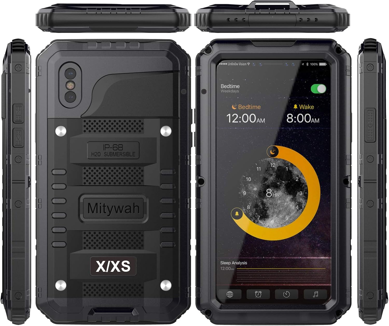 Mitywah Waterproof Case for iPhone X/XS, Heavy Duty Durable Metal Full Body Protective Case Built-in Screen Protection Waterproof Shockproof Dustproof Rugged Military Grade Defender, Black