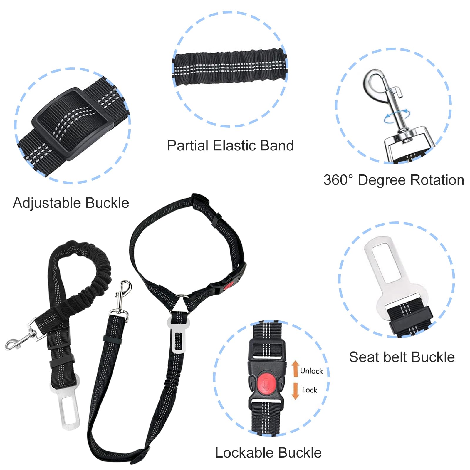 Diompirux 2 pièces Ceinture Chien Voiture, Ensemble de Harnais et Laisse de sécurité de Voiture, Multifonction Tissu Réglable Nylon Ceinture Chien avec Absorption des Chocs, pour Chien et Chat