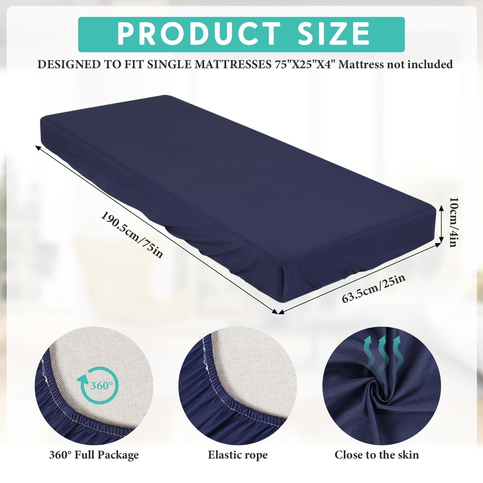 Sábana bajera (solo sábana) compatible con colchón plegable Milliard de microfibra para colchón plegable de microfibra para literas de campamento y caravanas (azul marino, individual, 4 2