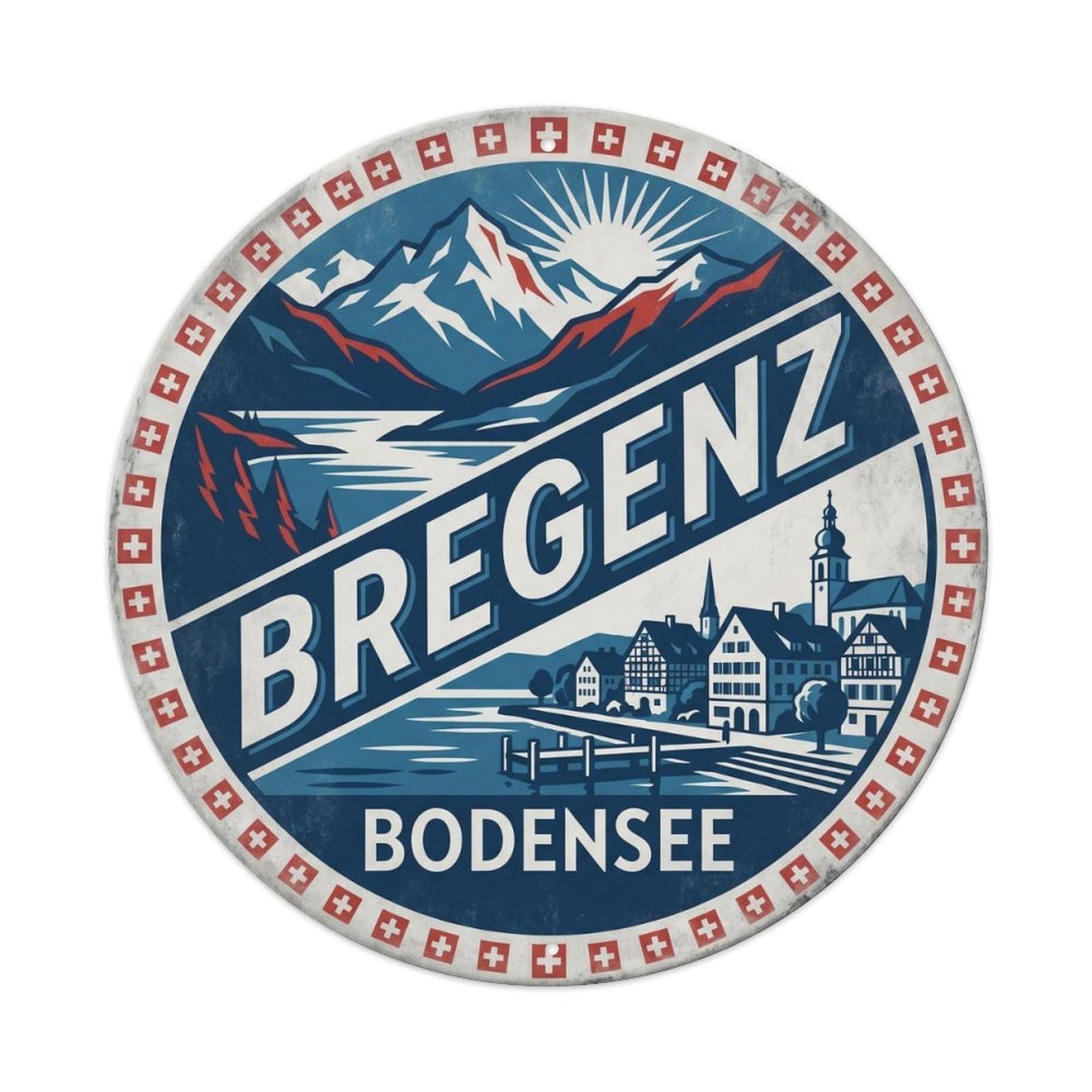 Vintage Travel Bregenz Austria Artwork Metal Tin Sign Plaque Wall Decor for Cafe, Club, Garden Round Metal Poster 8x8Inch