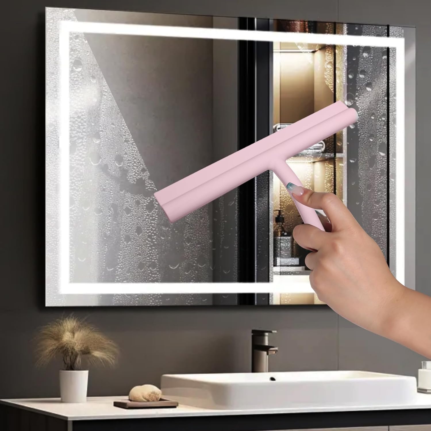 Silicone Shower Squeegee for Glass Doors Window Squeegee for Walls, Sink, Mirror, Bathroom, Car Window Cleaning - Pink