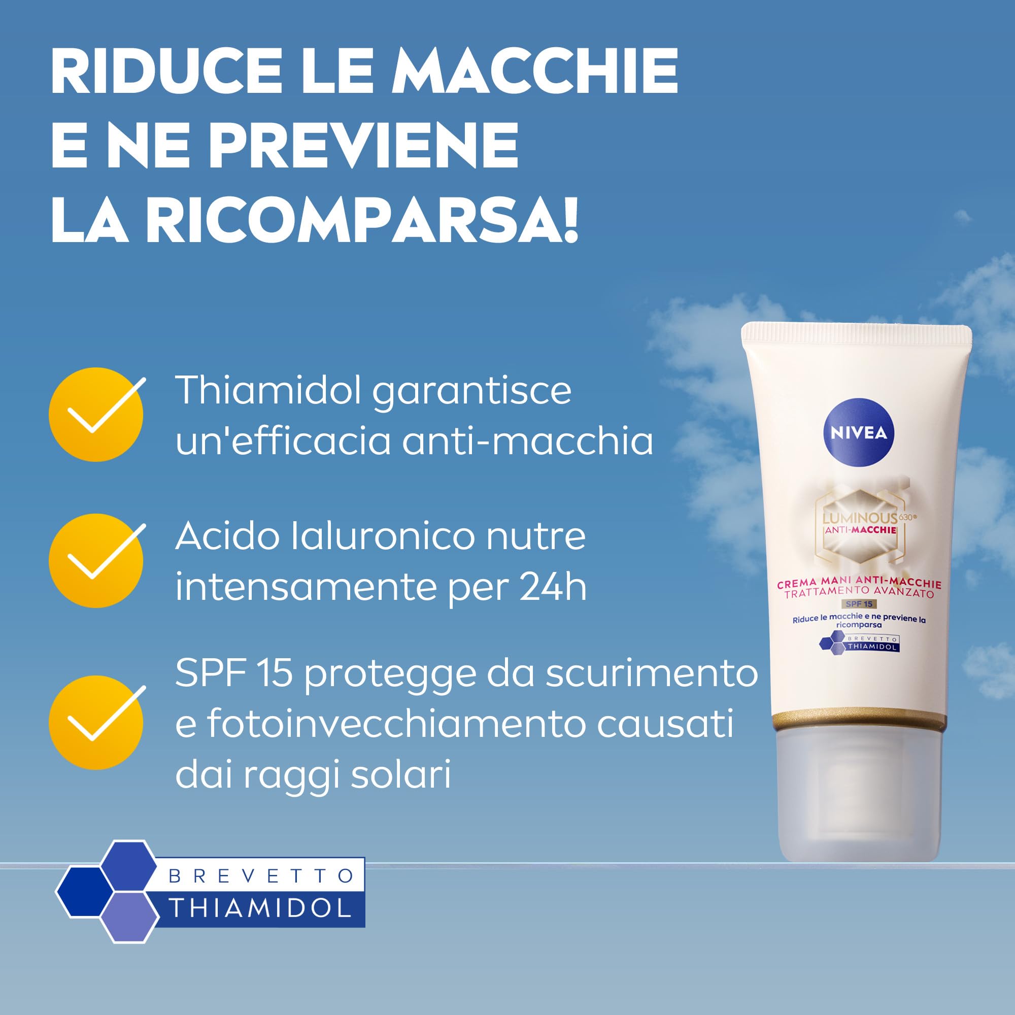 NIVEA Luminous630 Anti-Macchie Crema Mani Trattamento Avanzato SPF 15, 50 ml, Crema mani antiage e antimacchie, con Acido Ialuronico e Thiamidol brevettato, per mani secche e screpolate