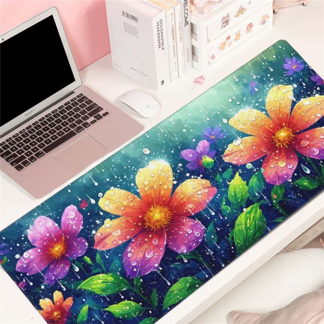 Alfombrilla de ratón 1400x600x3 MM, Alfombrilla Ratón XXL Extendida de Gran Tamaño con Bordes Cosidos, Base de Goma Antideslizante Almohadilla para Teclado, Flores después de la lluvia S-12233
