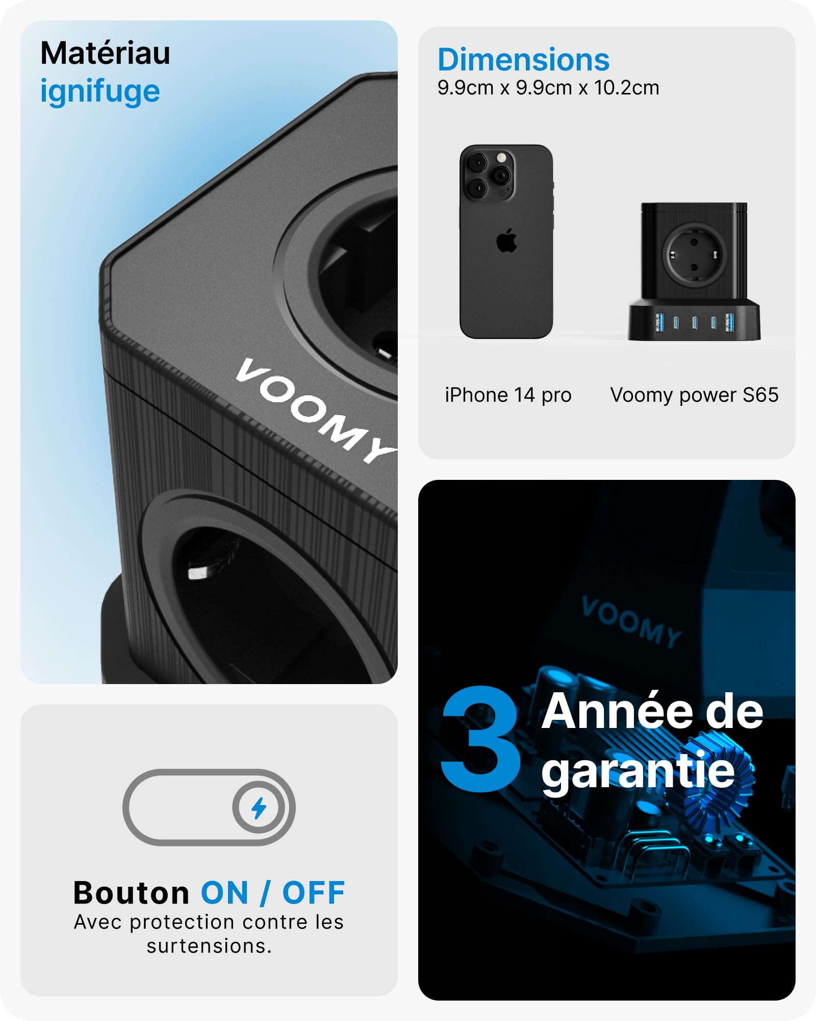 Voomy Prise USB Secteur 65W Multiple Cube, 10 en 1 Mulitpreses ET Chargeur USB Rapide 65W avec 5 Sortie AC 4000W, Bloc Porte avec 3 USB C ET 2 Ports USB, Prise Electrique Idéal pour Bureau, Noir