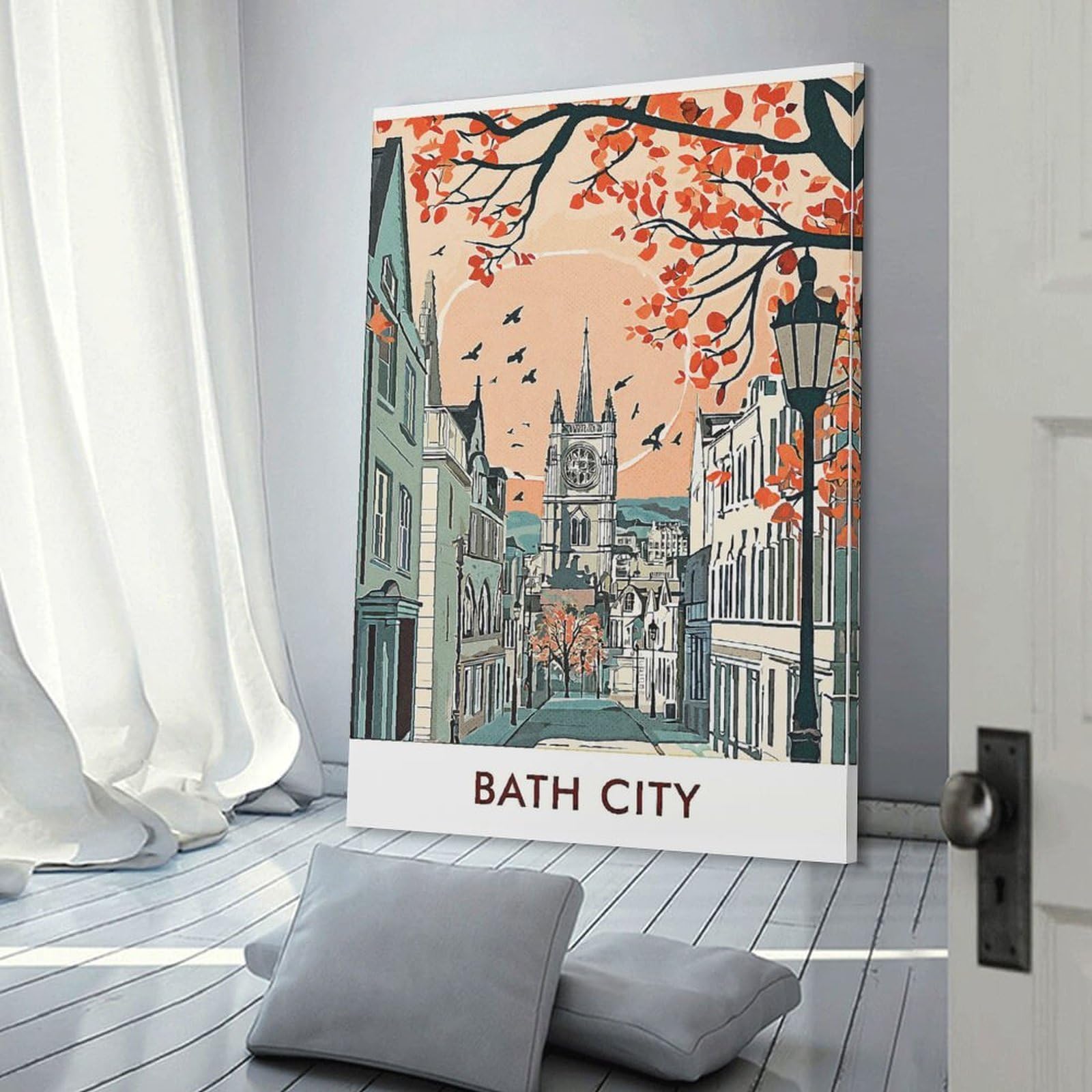 Junmoney Bath Cityscape Illustration Home Decor Wall Art 16x24inch(40x60cm), for Restful Interiors, Bedrooms Or Small Rooms, Decorative Wall Art for Cosy Rooms