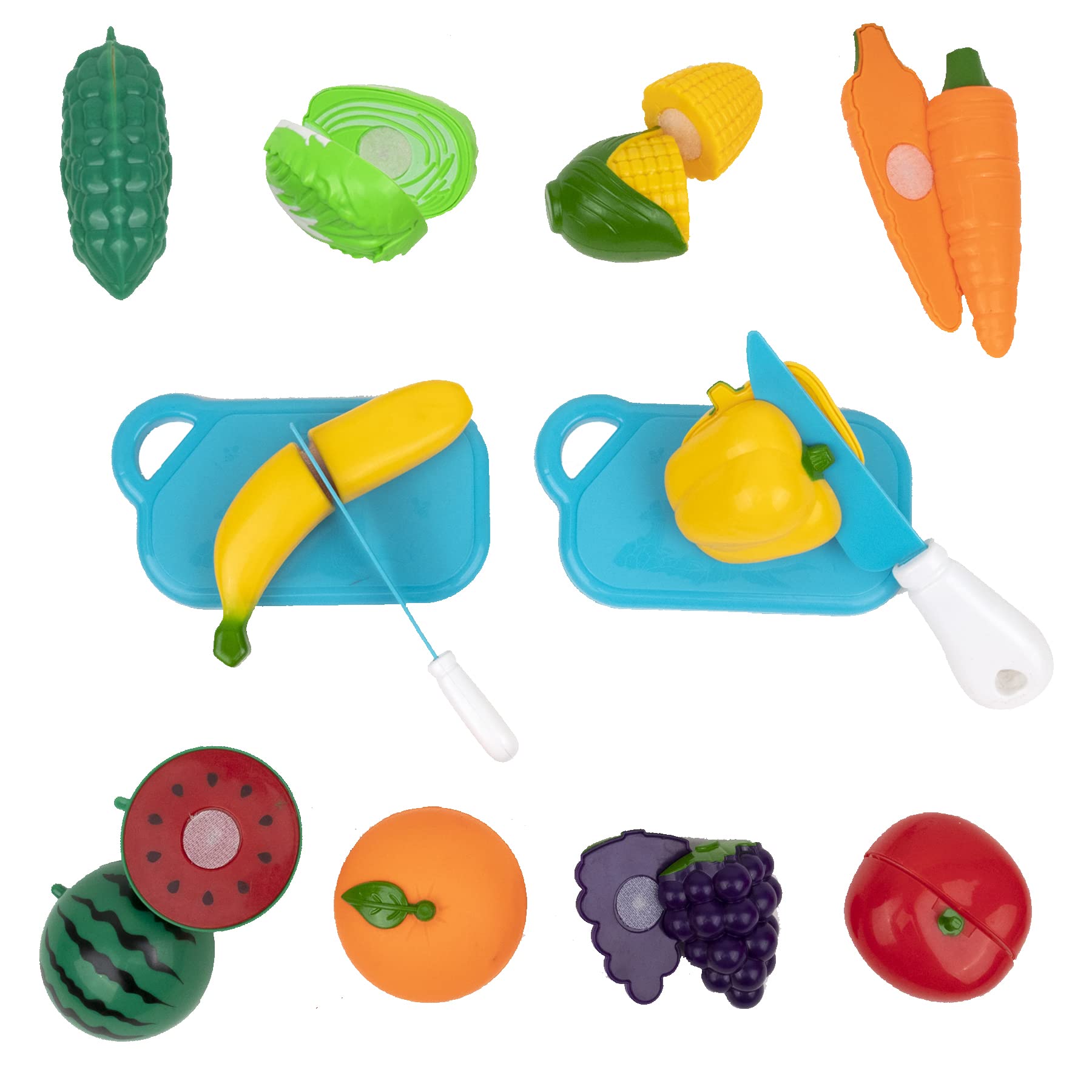 WISHKEY 10 Pieces Kitchen Set with Sliceable Fruit & Vegetable Pretend Play, Realistic Kitchen Toy Set with Food, Knife, Cutting Board for Kids & Toddlers (Pack of 10, Multicolor)