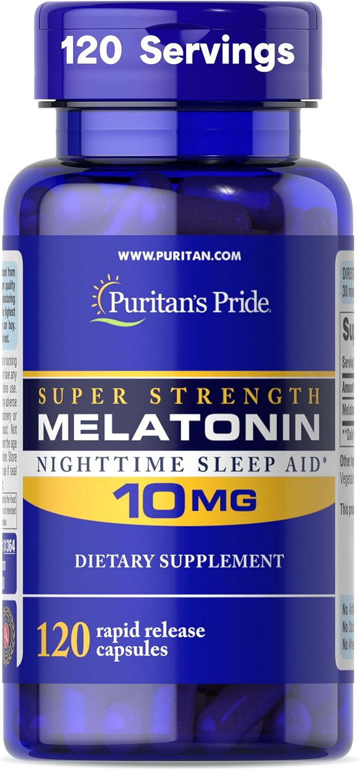 Puritan’s Pride Premium Super Strength Melatonin 10mg Sleep Aid, Dietary Supplement for Sound, Restful, and Longer Sleep Support, 4 Month Supply, 120 Rapid Release Capsules (Packaging May Vary) Puritan’s Pride Premium Super Strength Melatonin 10mg Sleep Aid, Dietary Supplement for Sound, Restful, and Longer Sleep Support, 4 Month Supply, 120 Rapid Release Capsules (Packaging May Vary)