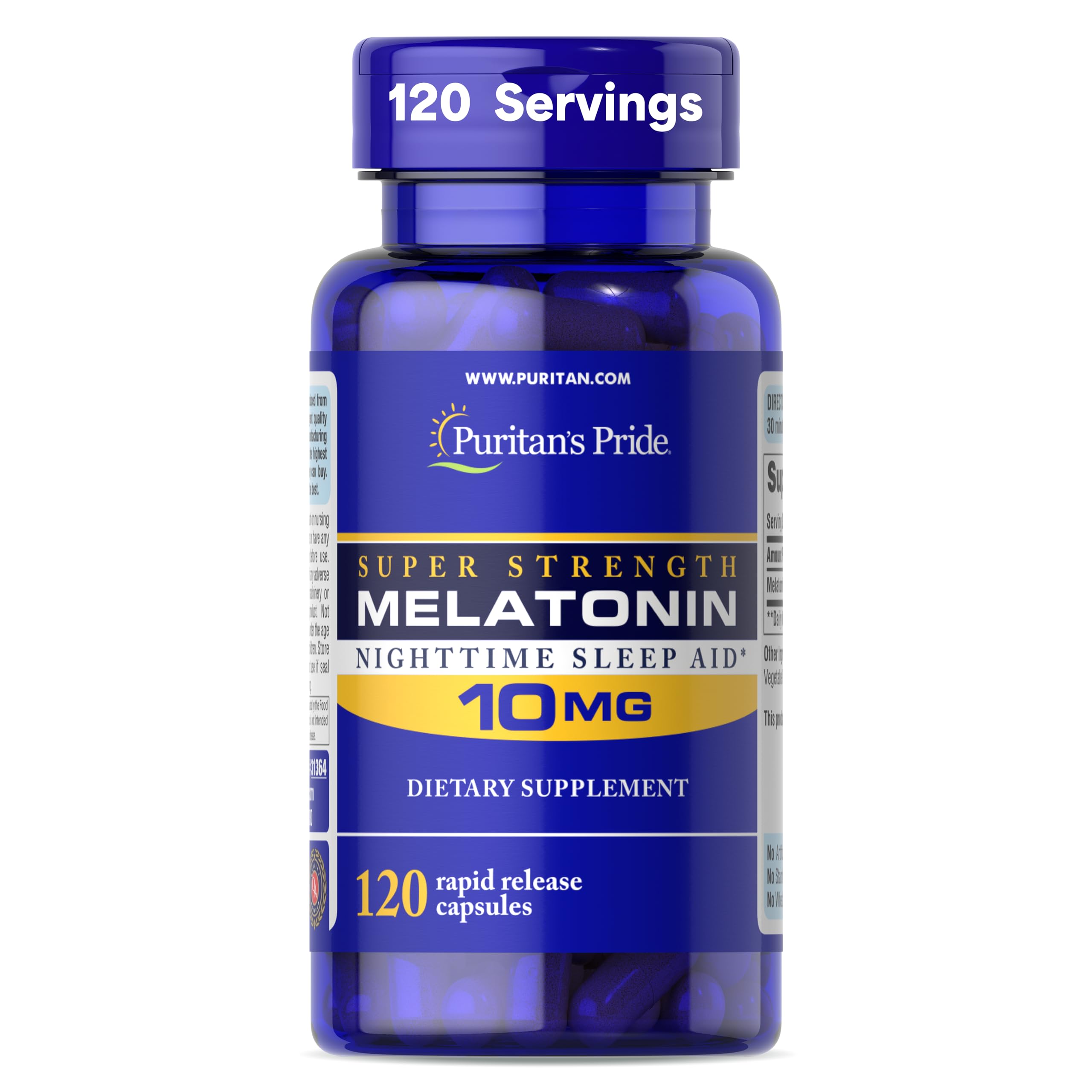 Puritan's PridePremium Super Strength Melatonin 10mg Sleep Aid, Dietary Supplement for Sound, Restful, and Longer Sleep Support, 4 Month Supply, 120 Rapid Release Capsules (Packaging May Vary)