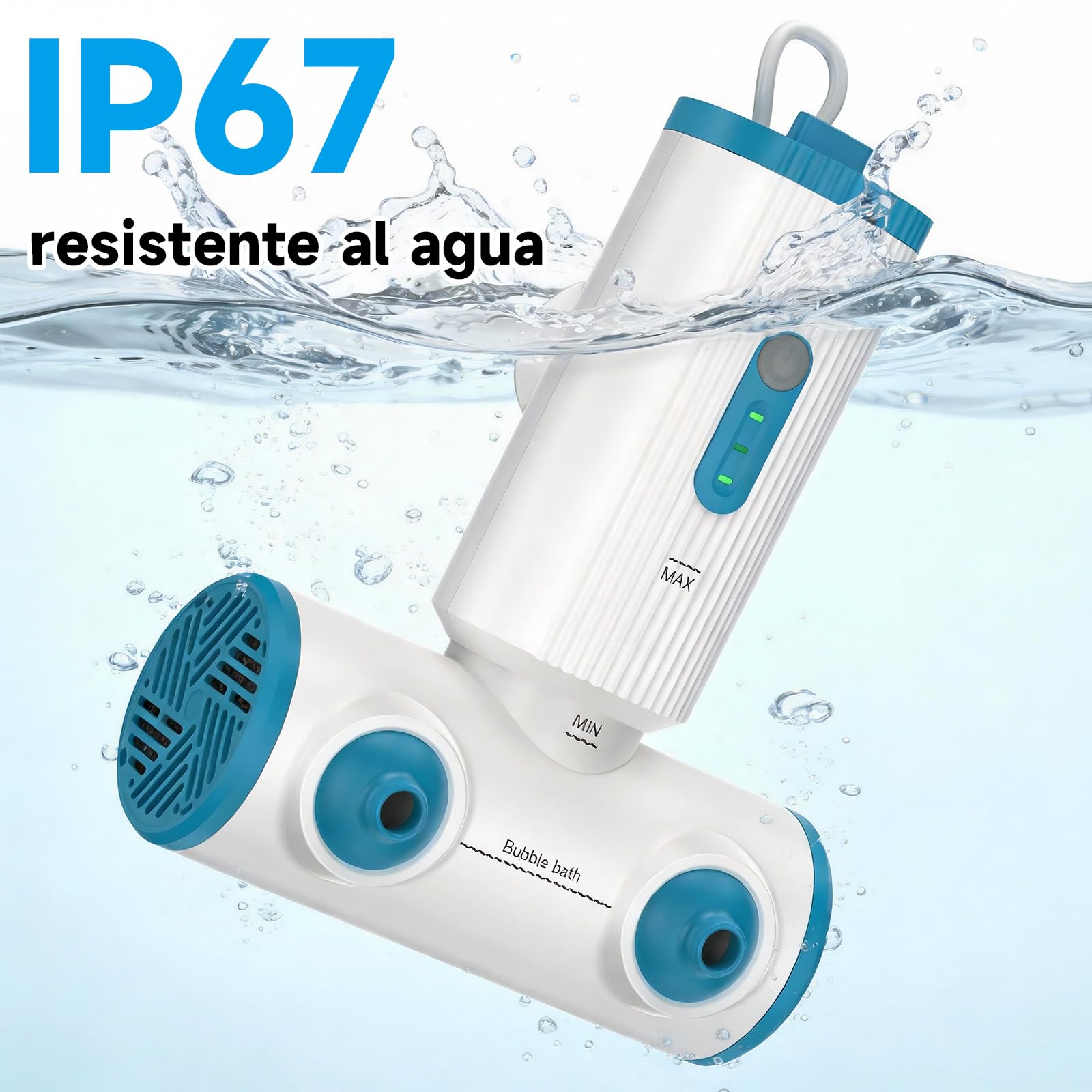 Buses baño portátiles, dobles, 5000mAh, IP67 | Jet y burbujas, 3 niveles, 360°, ventosas, 2h uso, limpieza fácil