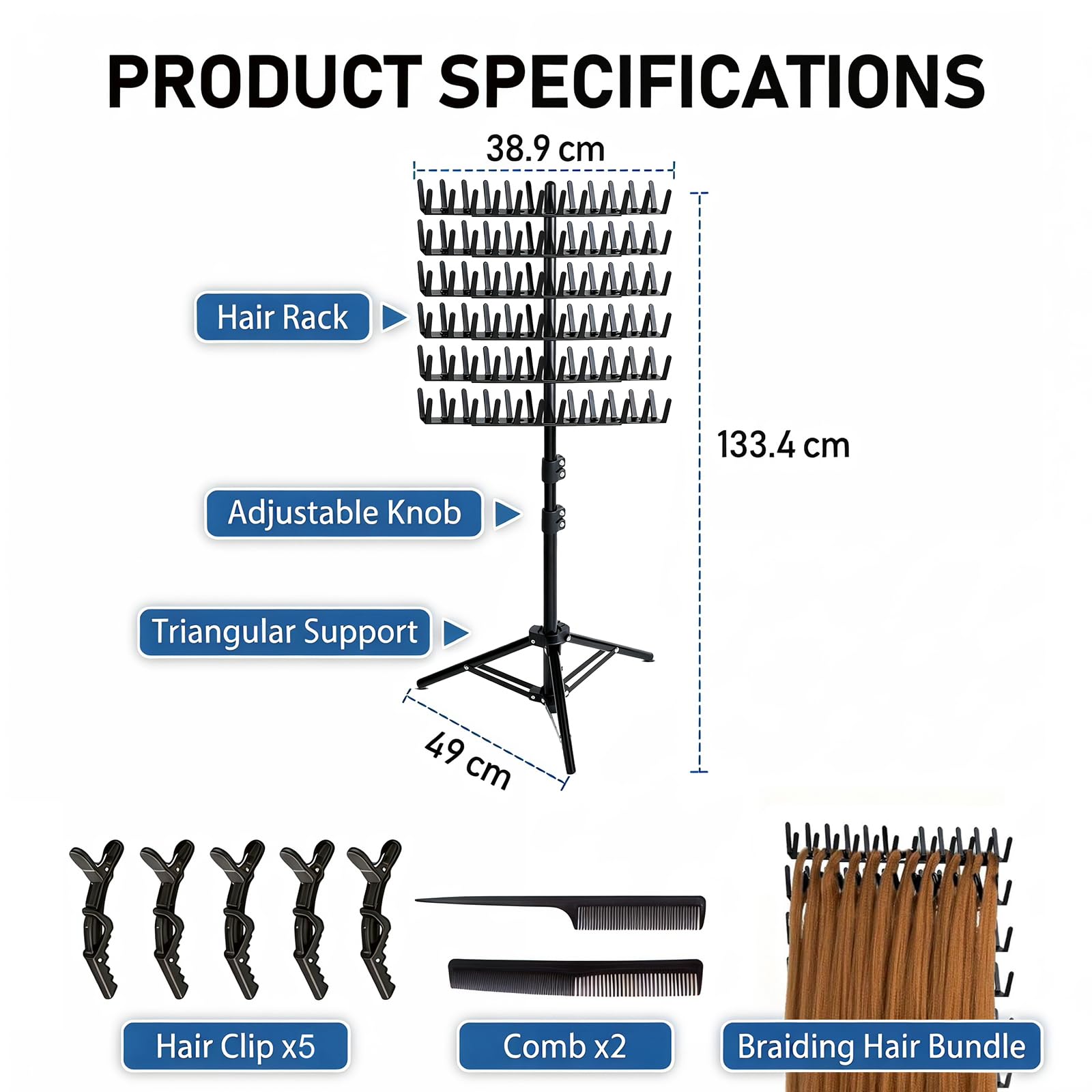 Braiding Hair Rack Support pour extensions de cheveux réglable en hauteur et pliable, 144 stylos, avec pinces à cheveux + peignes, support de perruque, pour coiffeurs et tresses, noir