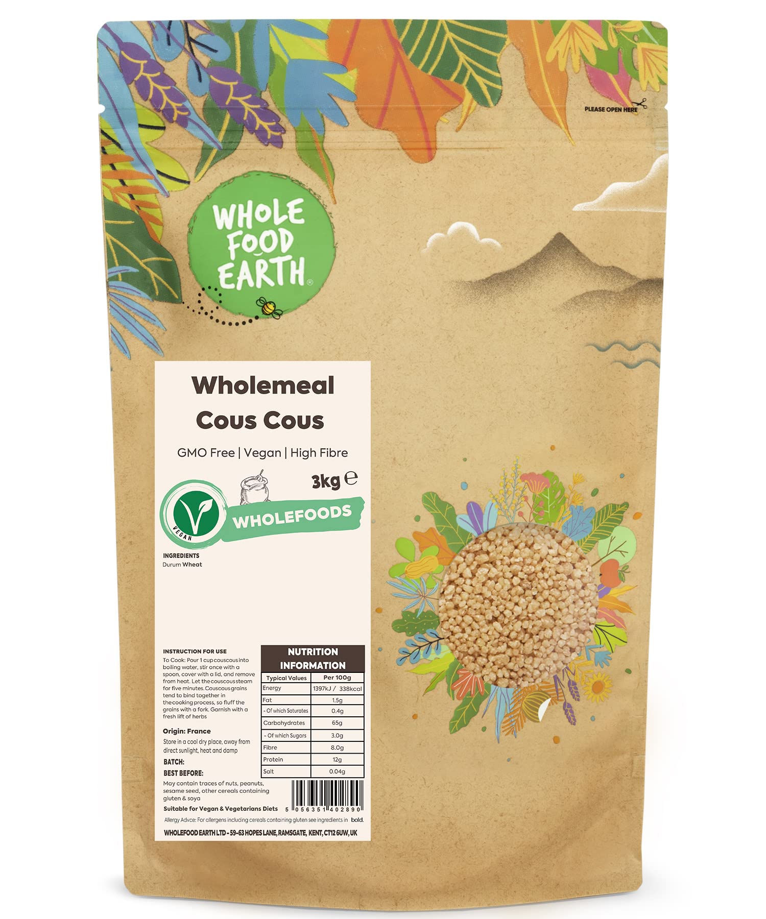 Wholefood Earth Wholemeal Cous Cous 3 kg | GMO Free | High Fibre