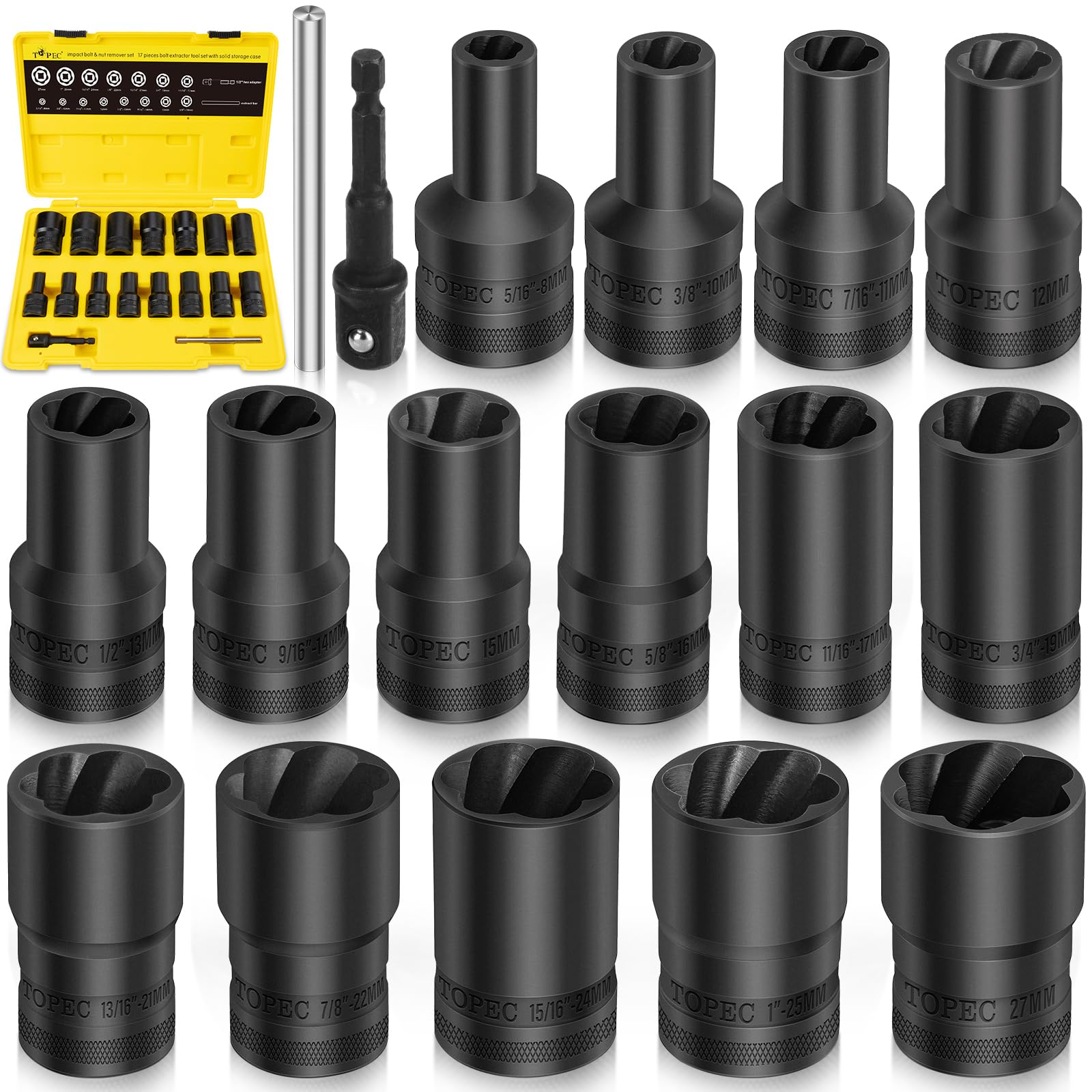 TIPTOP ナットリムーバー7pcs S170-SET S170-SET dwos6rj Topec 17PCS Lug Nut Extractor Set, 1/2