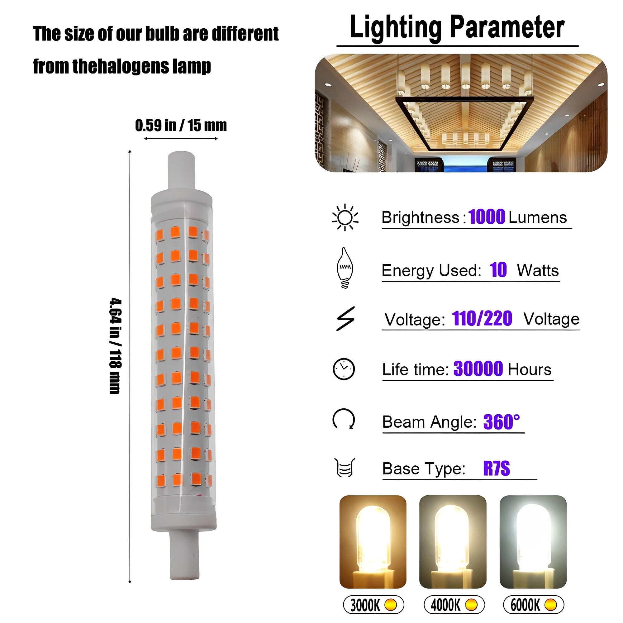 10W 1000LM R7S J118 Bombillas LED Regulables de Cuerpo cerámico AC 110~130V/220~240V 100W Bombillas halógenas de tungsteno Bombillas de Repuesto para iluminación de Taller Lámparas de pie