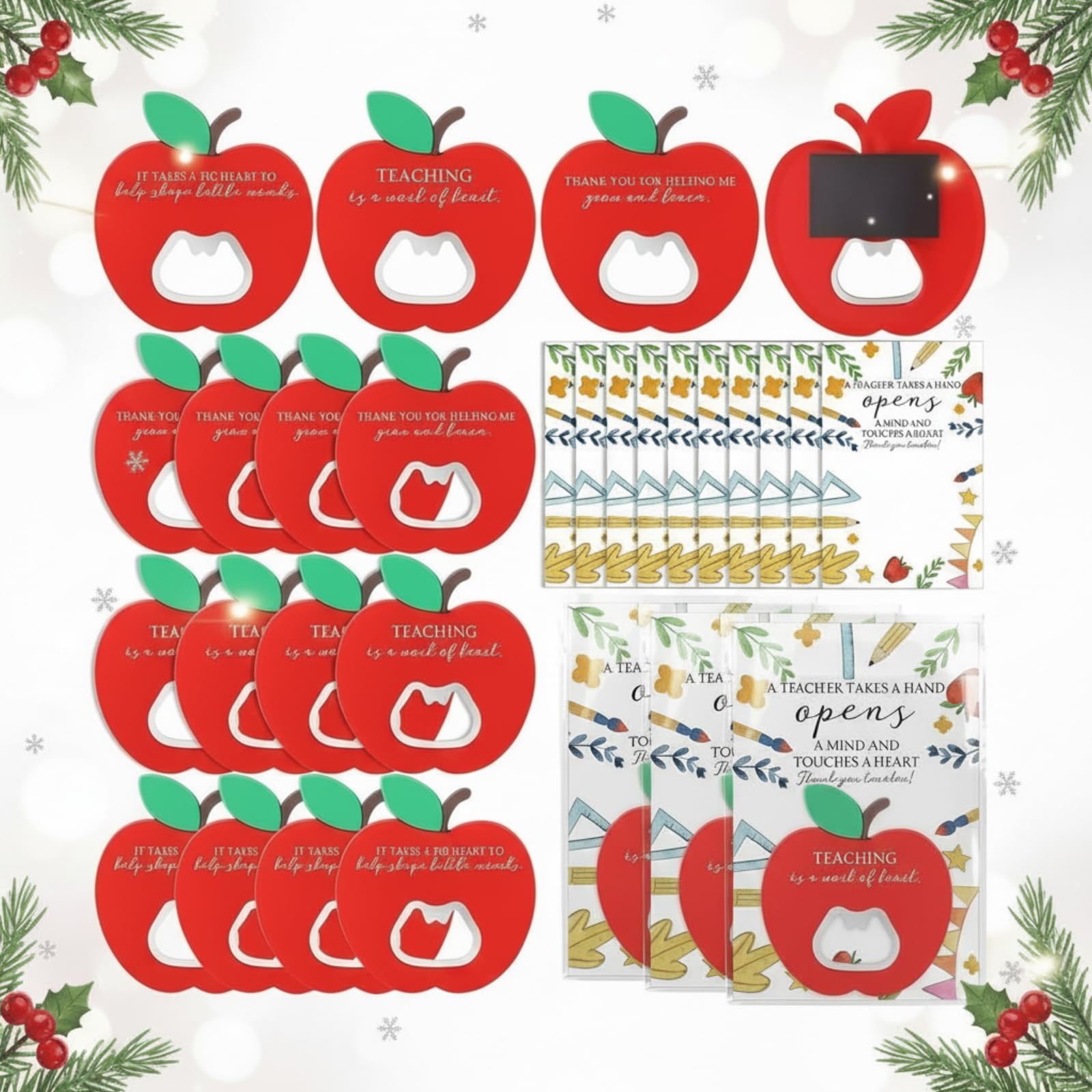 Quelay 10 Sets Teacher Thank You Gifts Apple Shape Bottle Opener Fridge Magnet with Card Teacher Refrigerator Bottle Openers Valentines Day