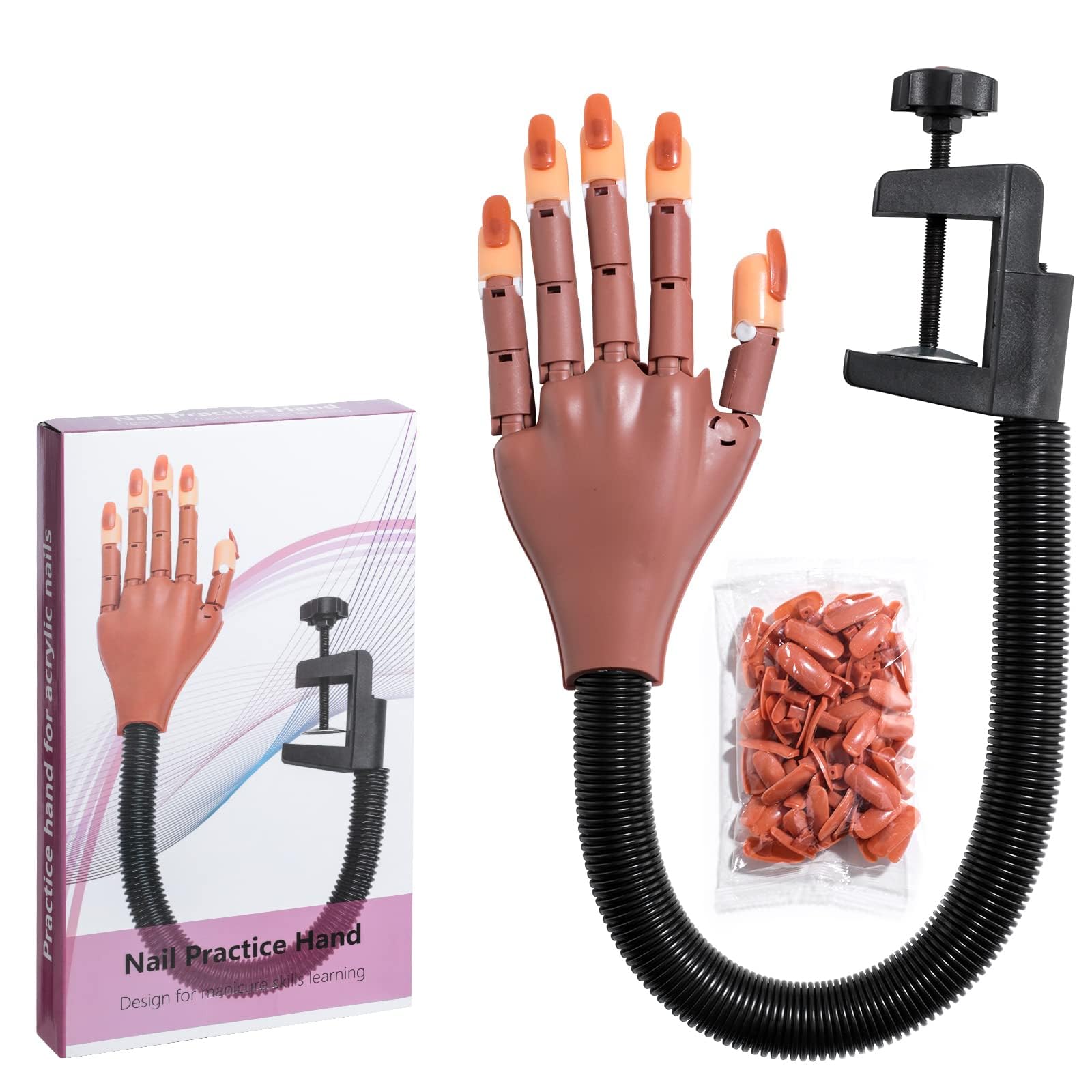 KIRA Nail Training Hand With 100Pcs Nail Tips For Acrylic Nails, Nail Trainning Adjustable Hands Kits, Fake Hands For Nail Practice, Nail Display Manicure, Movable Nail Maniquin Hand (Brown)-image-8