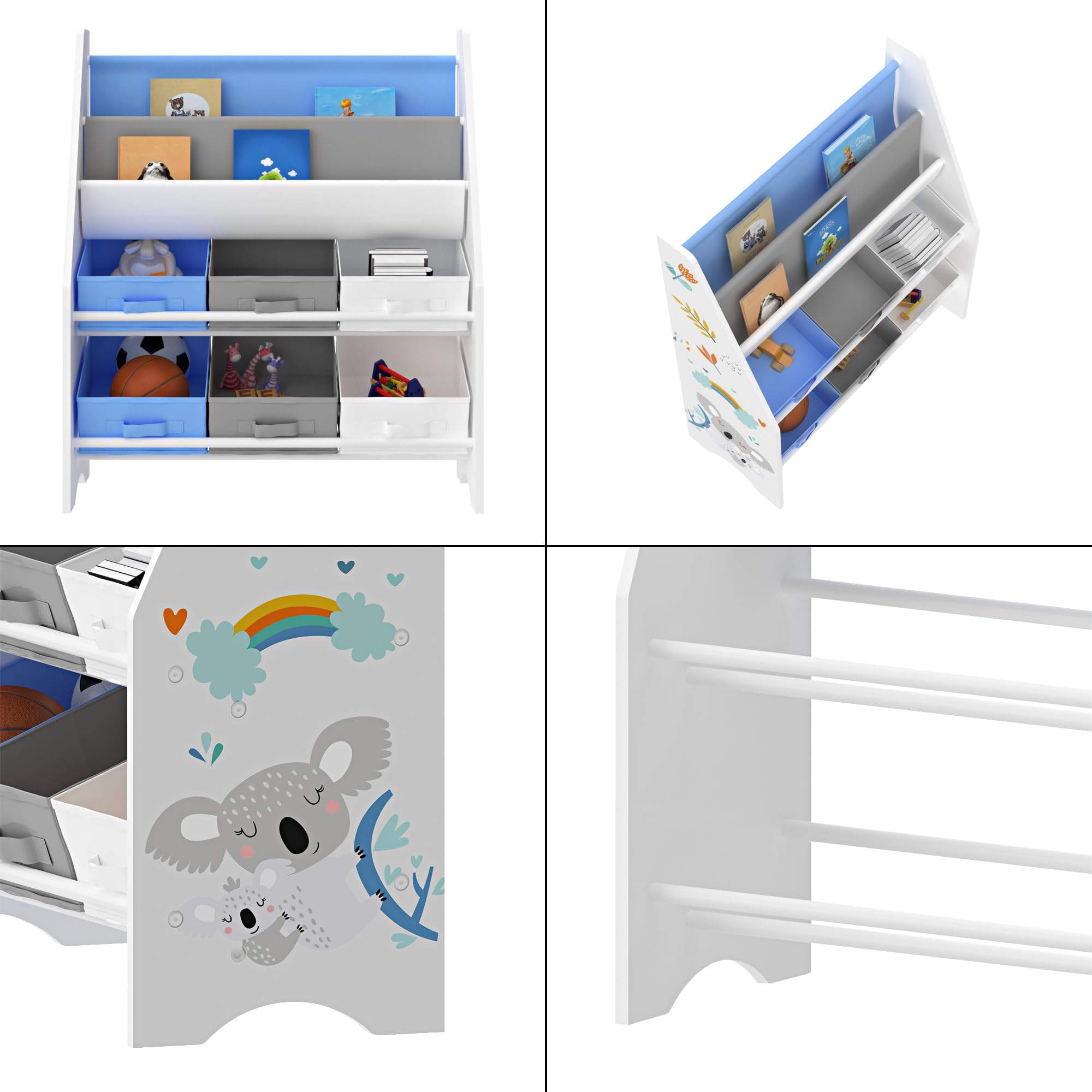 [en.casa] Scaffale per Cameretta con Contenitori Morbidi per Libri e 6 Cassetti Pieghevoli (AxLxP) 74 x 62 x 26,5 cm Mobile a Misura di Bimbi - Decorazione Koala - Blu/Bianco