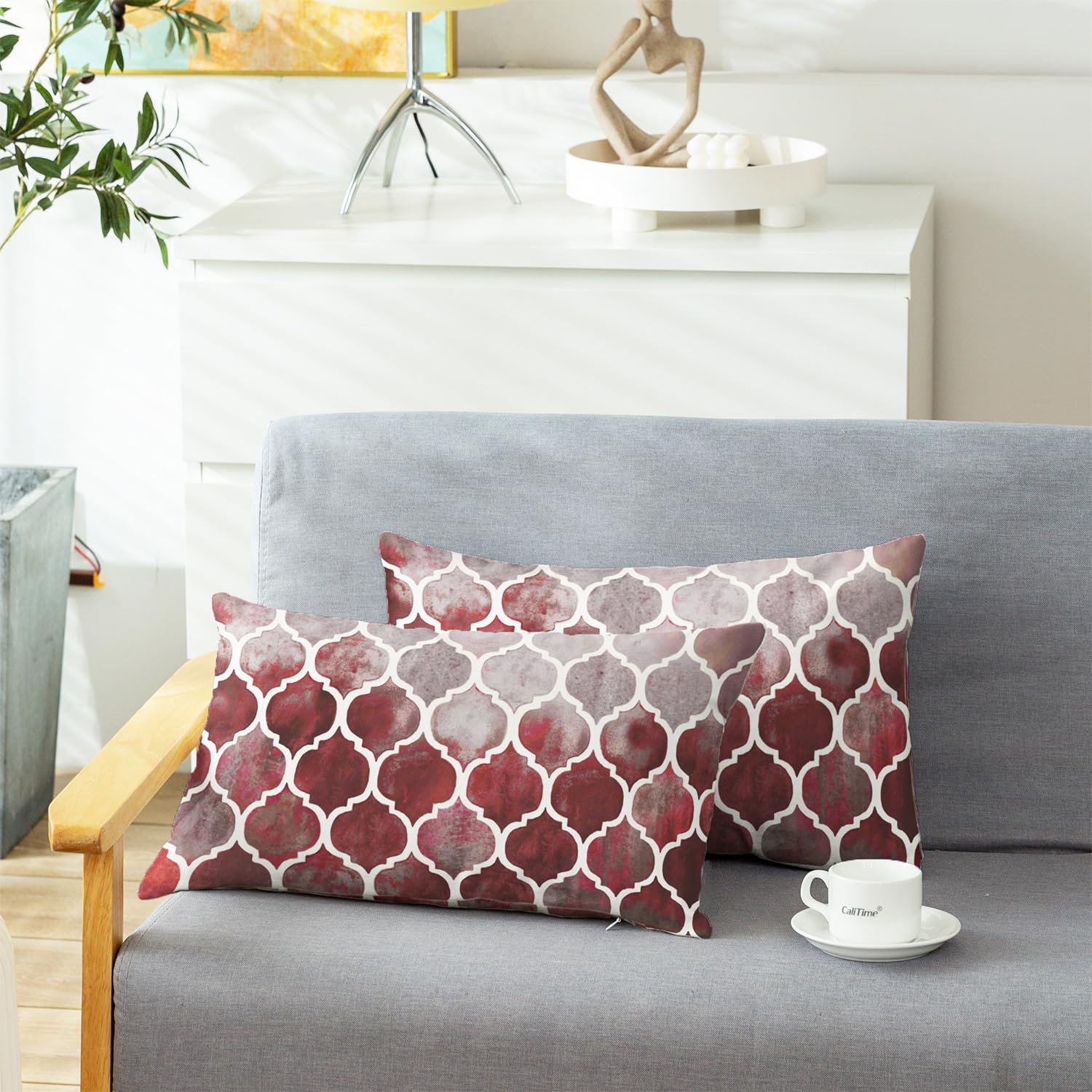 CaliTime Pack of 2 Cozy Bolster Pillow Cases Covers for Couch Bed Sofa Manual Hand Painted Colorful Geometric Trellis Chain Print 30cm x 50cm Main Grey Red Burgundy - Image 2