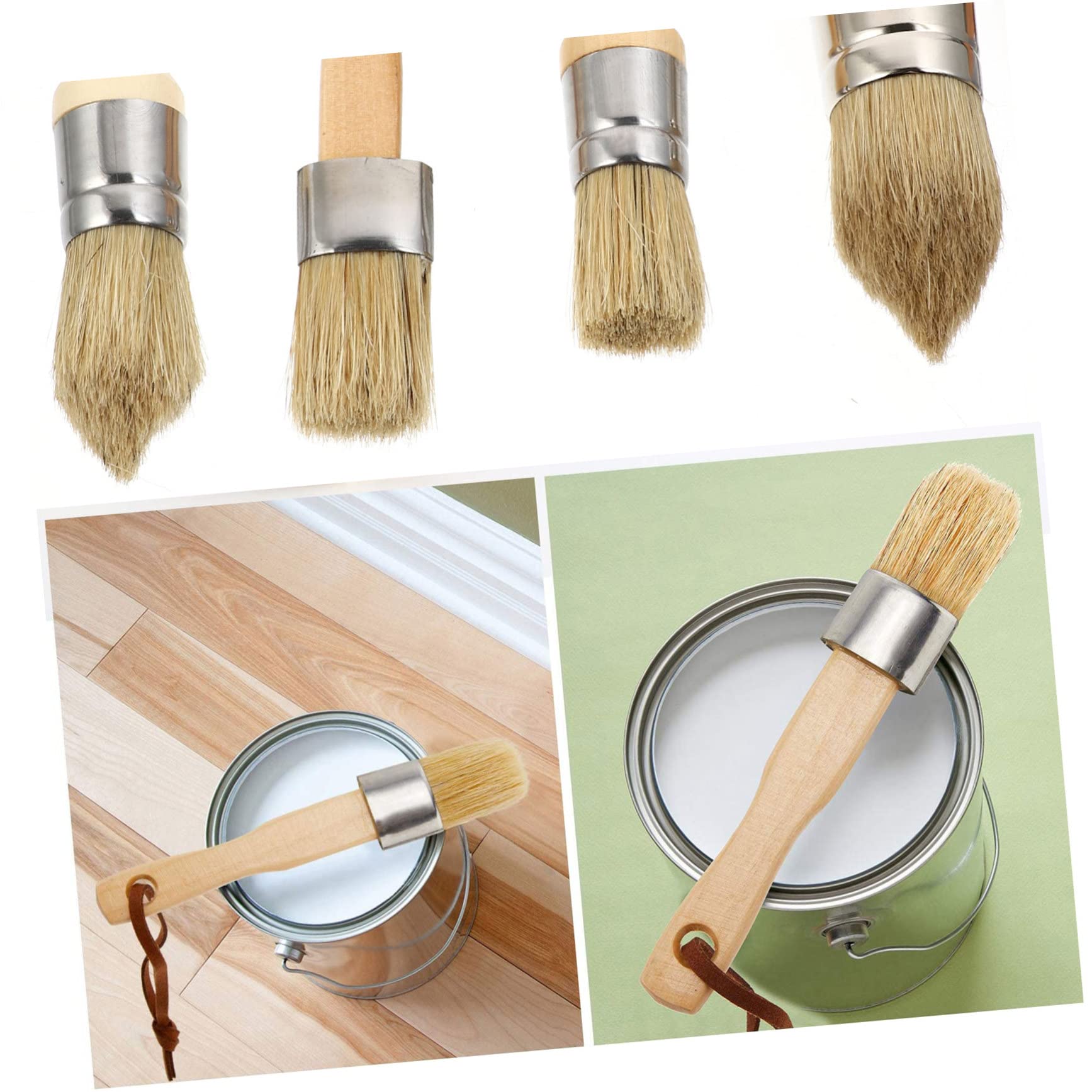Lot de 5 Set de Pinceaux Ronds à Manche en Bois pour Peinture et Cire