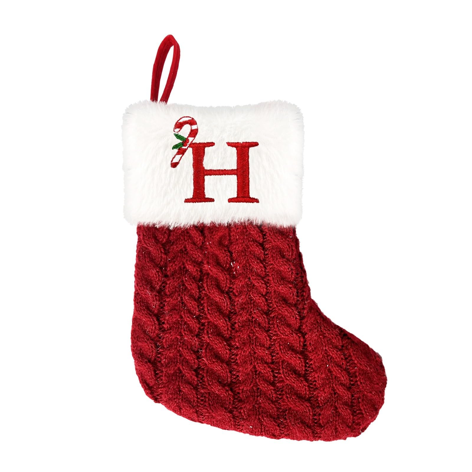 Christmas Stockings with Initials, 7.5 Inches Mini Knitted Embroidered Monogram Stockings with Plush, Small Personalized Letter Xmas Stocking for Christmas Decoration Ornaments (H)