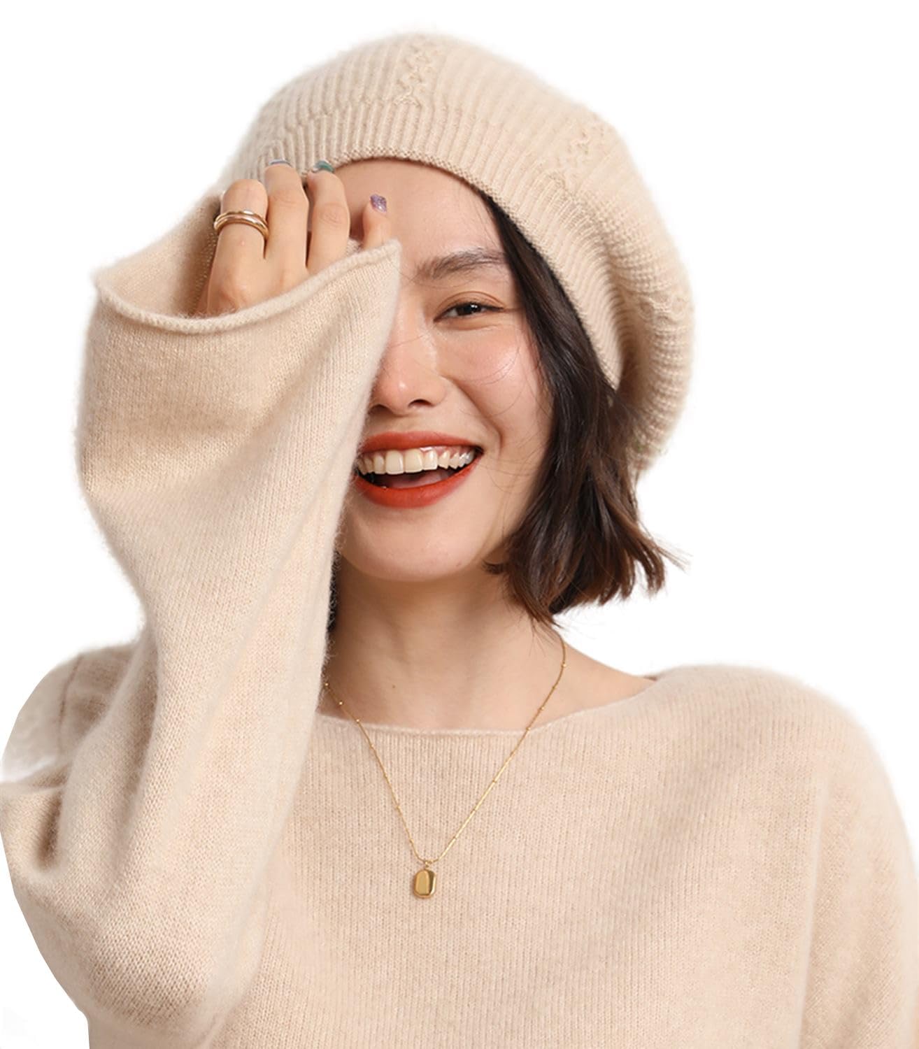 Ailaile 100% Merino Wool Berets Hats Women Winter Warm Knitted Oversized Beige Beanie