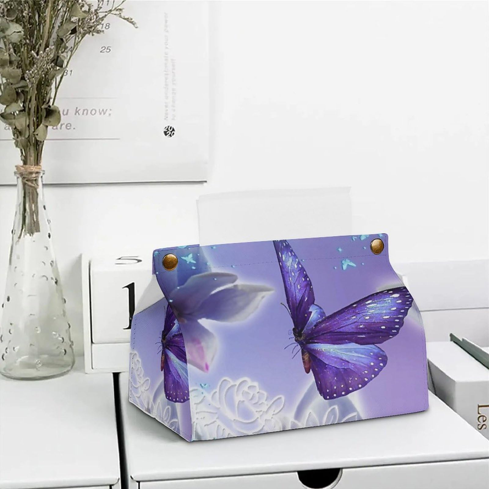 Amazon｜ティッシュケース 紫の蝶 唯美的景観 花柄 ペーパータオル