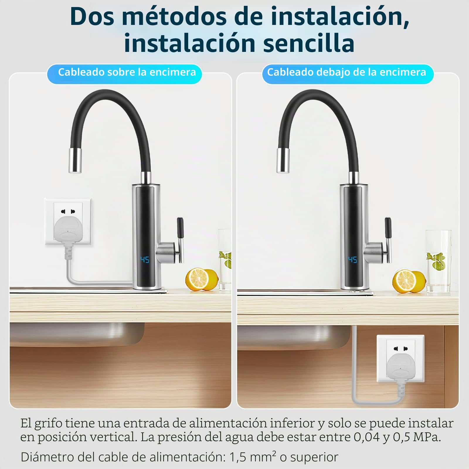 Calentador de Agua Electrico Instantaneo, 3000 W Grifo de Cocina con Indicador de Temperatura LCD, 360° Flexible Rotación, para Cocina Jardín Baño