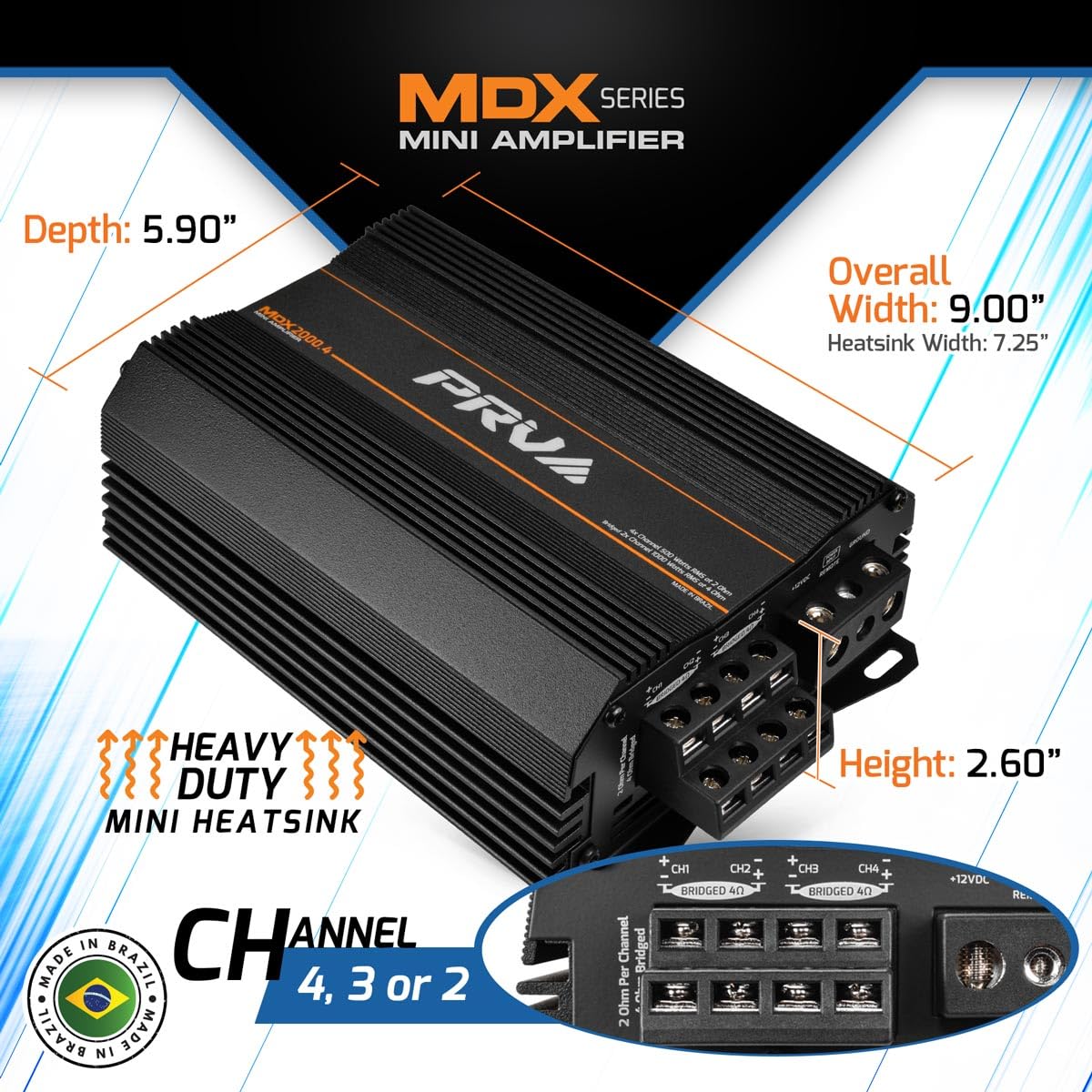 PRV Audio MDX2000.4 - Mini amplificatore audio per auto, 2 Ohm, 4 canali, 4 x 500 Watt RMS a 2 Ohm, 2000 Watt, 12 Volt, amplificatore, ponte per powersport, moto, ATV, per sistemi di altoparlanti
