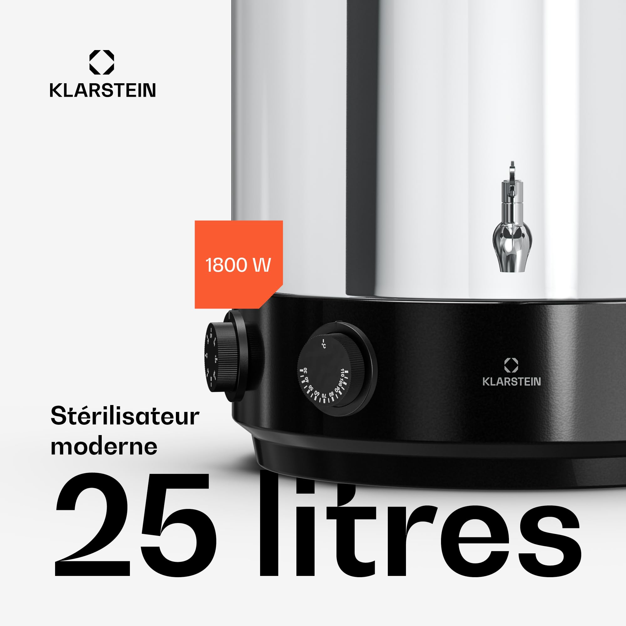 Klarstein Biggie Stérilisateur Mécanique Bocaux 25 L en Inox avec Robinet en Acier Inoxydable, 1800 W, 30–110 °C, Minuterie, Vin Chaud, Arrêt Automatique