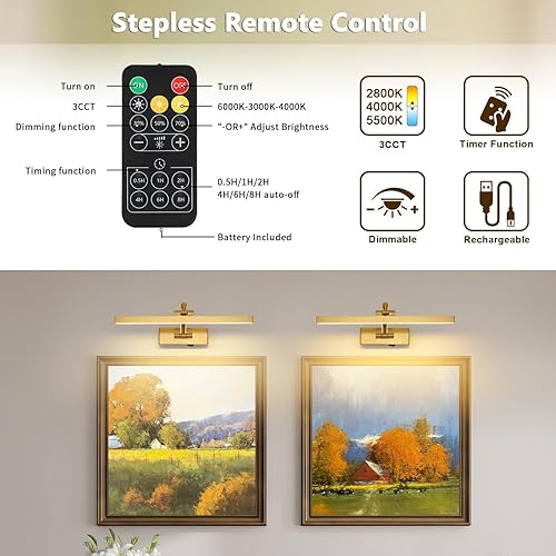 Miniatura 4 de Luces de imagen para pared que funcionan con pilas, iluminación artística de latón para pinturas con control remoto y temporizador, luz inalámbrica