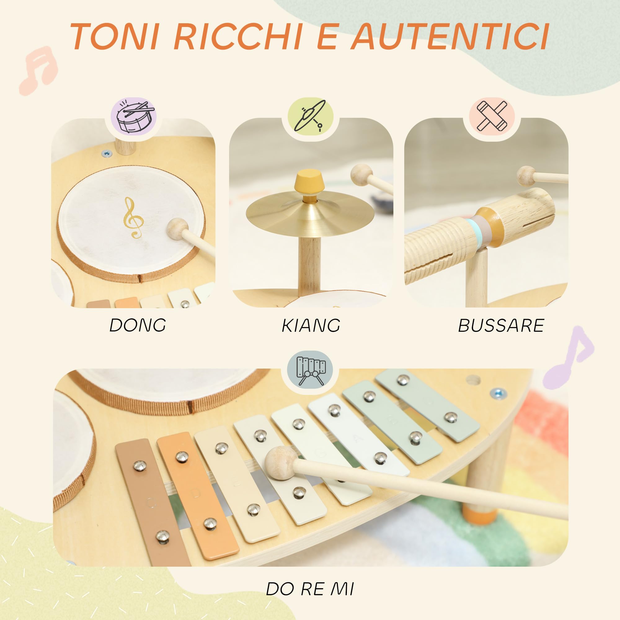 AIYAPLAY Set Musicale per Bambini, Strumenti in Legno e Metallo con Tamburi e Xilofono per Età 2+ Anni, Regali Musicali per Bambini e Bambine, Colore Legno Naturale