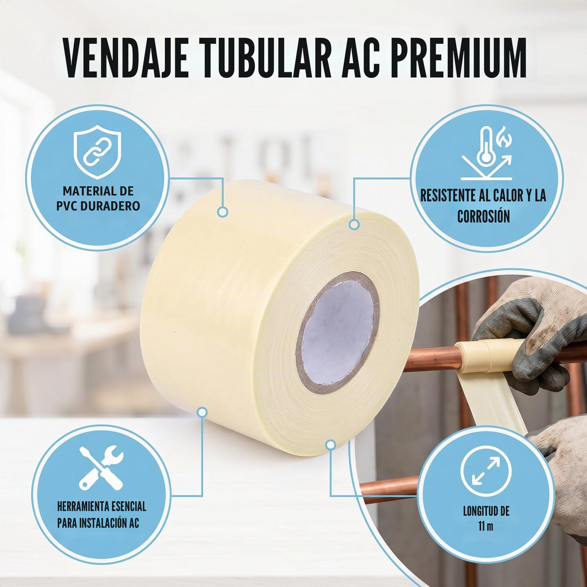 Vendaje de Tubo Aire Acondicionado PVC, Cinta Aislamiento 11 m Banda Engrosada, Herramienta Fijación Tubería Resistente Frío/Calor