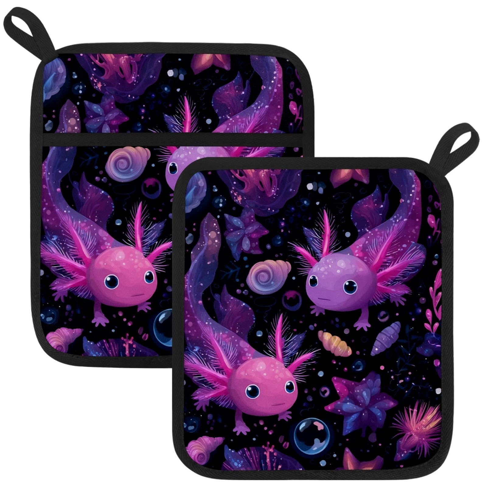 VAPOKF Axolotls Pot Holders with Pocket for Kitchen Heat Resistant Potholders Large Polyester-Cotton Square Oven Mitts Set