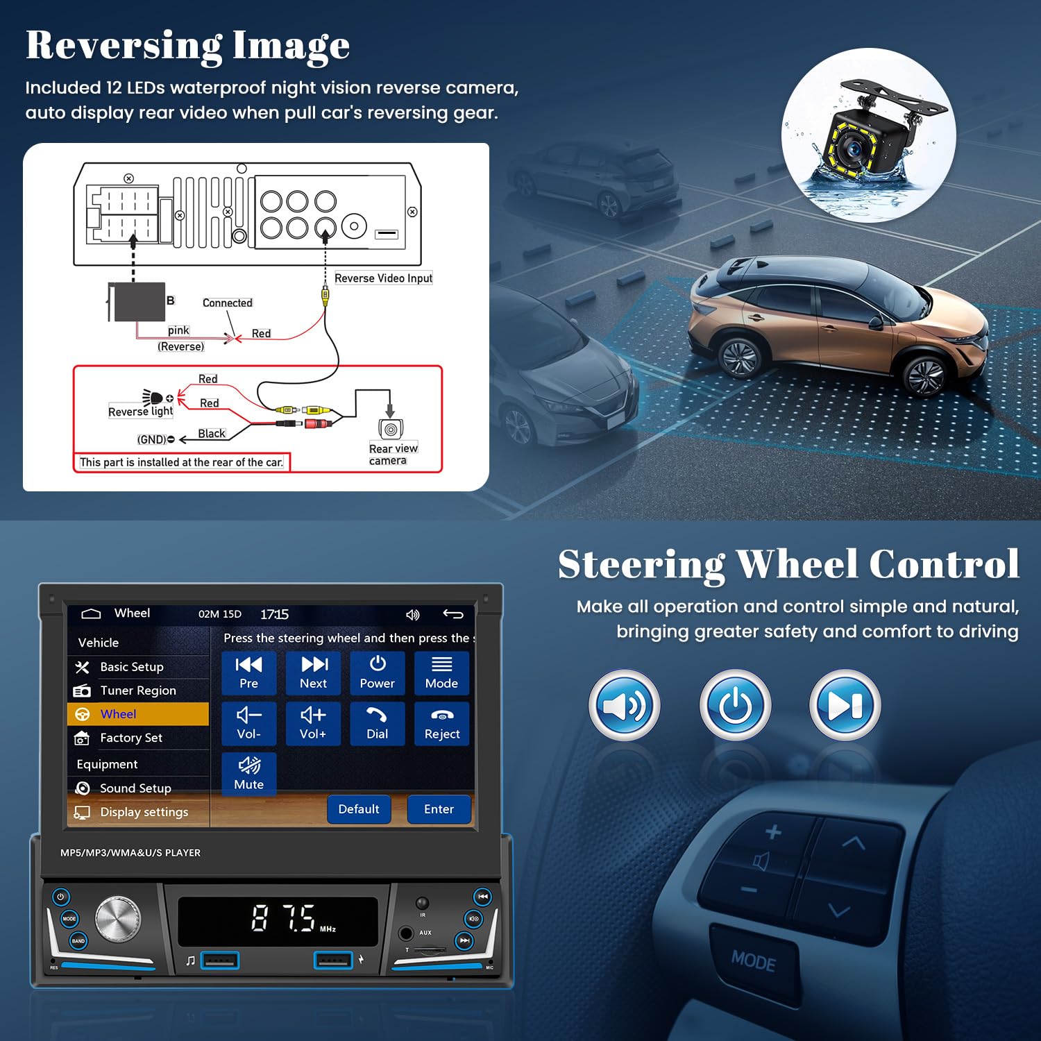 Hikity 7" 1 DIN CarPlay Autoradio avec Bluetooth FM Caméra de Recul | Écran Tactile Android Auto Wireless CarPlay EQ Commandes au Volant Mains Libres USB AUX Carte TF