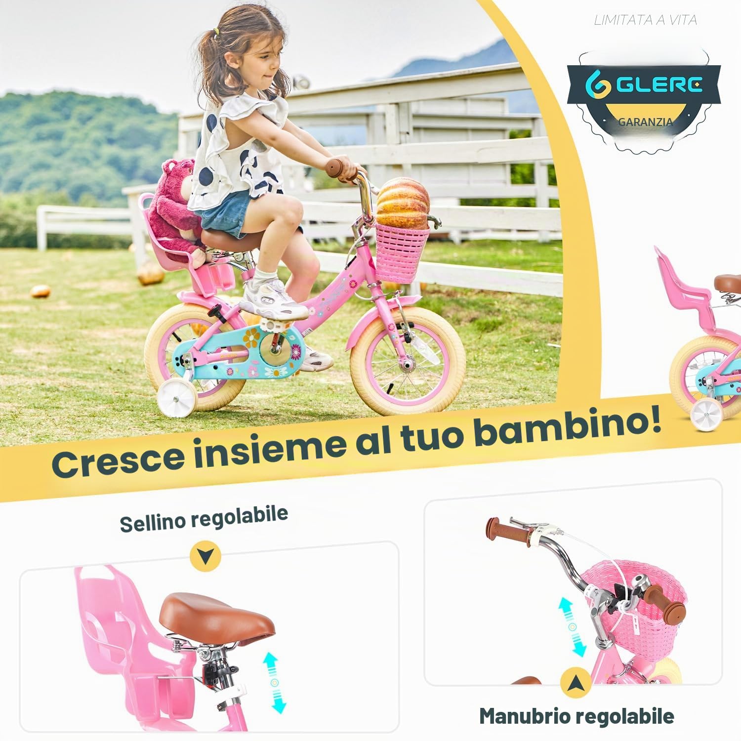Glerc Bicicletta bambine 40,6 cm 2-7 anni con cestino ruote campanello colori assortiti