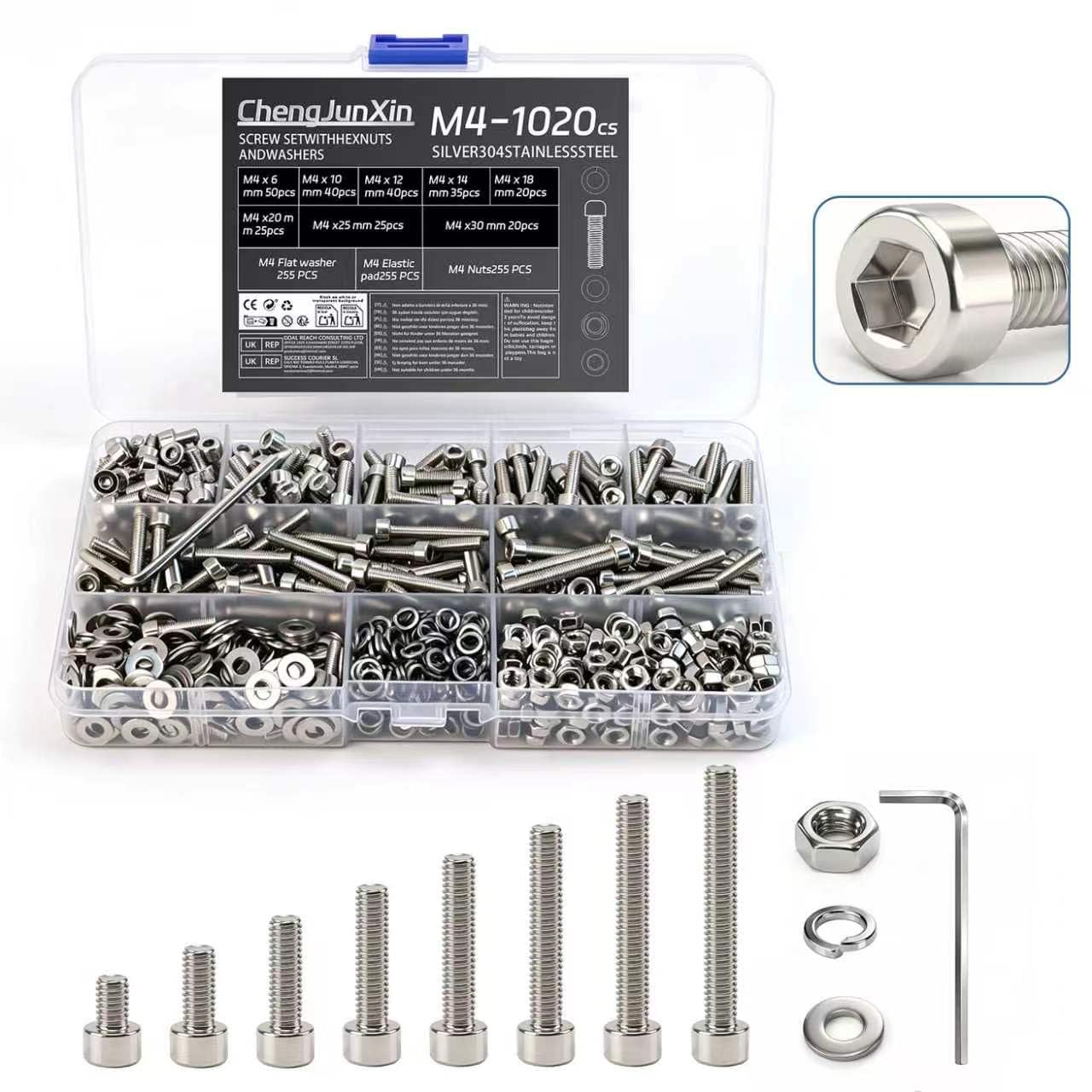 ChengJunXin 1020pcs M4 Nuts and Bolts Set - Stainless Steel Hex Socket Head Cap Screws Assortment, M4 Machine Screws with Hex Nuts, Flat & Lock Washers, Complete Hardware Fastener Kit for DIY Repair.