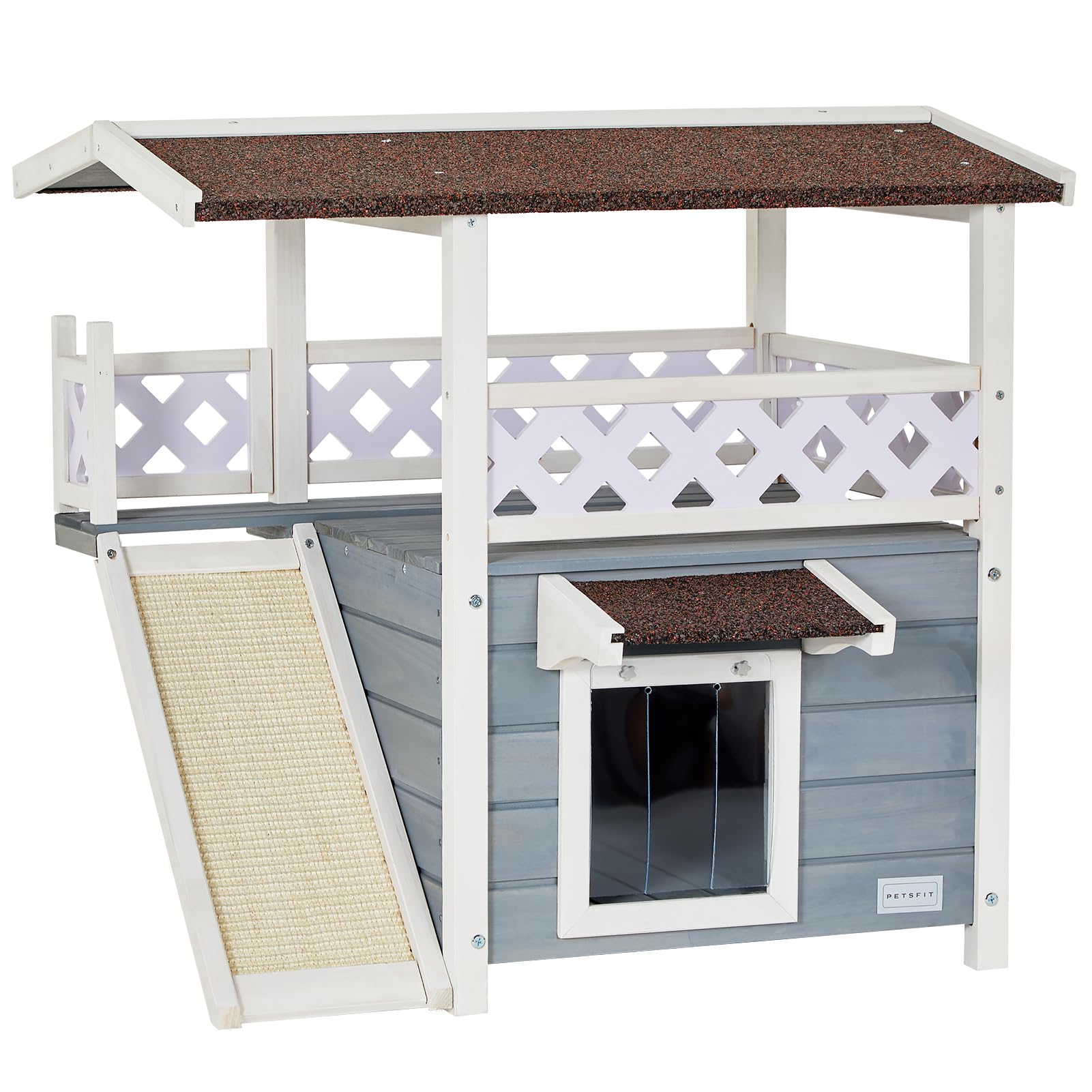 Petsfit Casetta per Gatti in Legno, con Tetto Asfalto, Cuccia per Gatto da Esterno (Grigio con tiragraffi, 76x56x72.4cm)