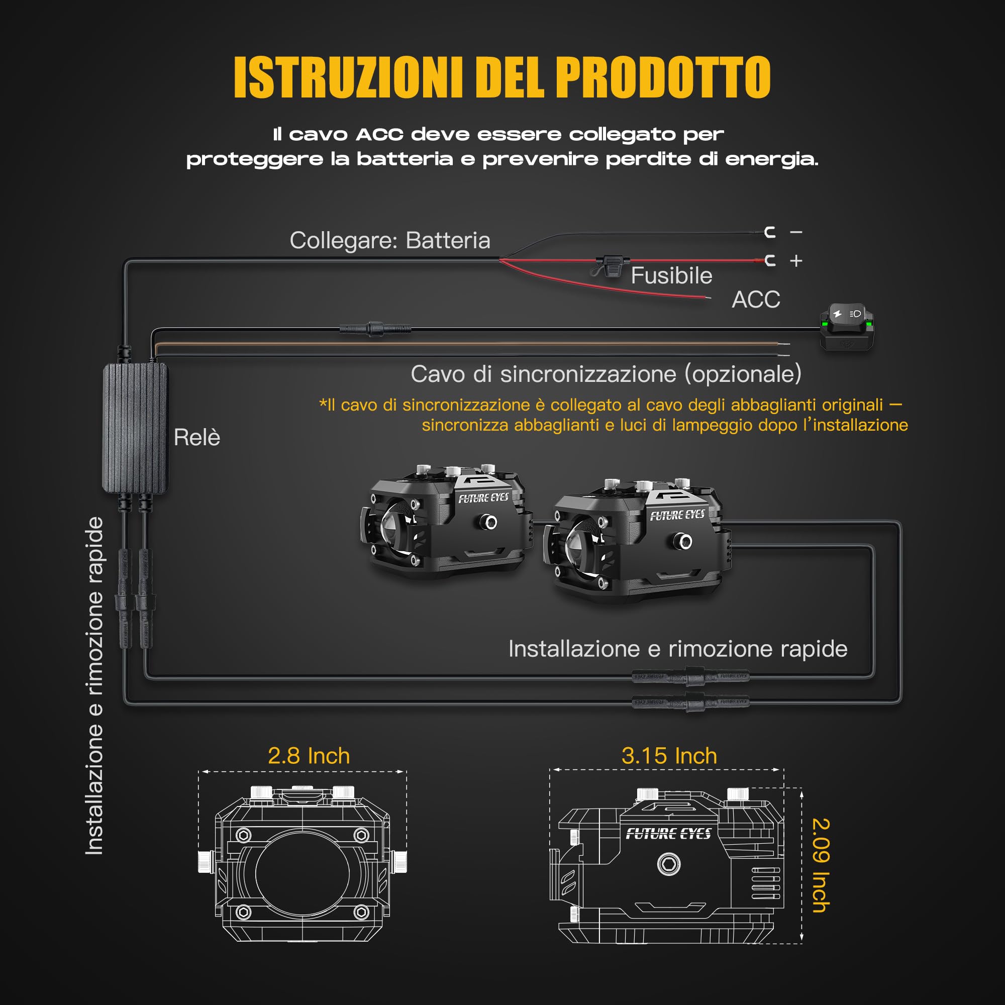 Future Eyes Fari Fendinebbia Moto LED, Luci Ausiliarie Regolabili a 360°, Impermeabili IP67, Luci Fuoristrada per Guida Notturna, Abbaglianti e Anabbaglianti Ambra/Bianco, Compatibili con ATV e UTV