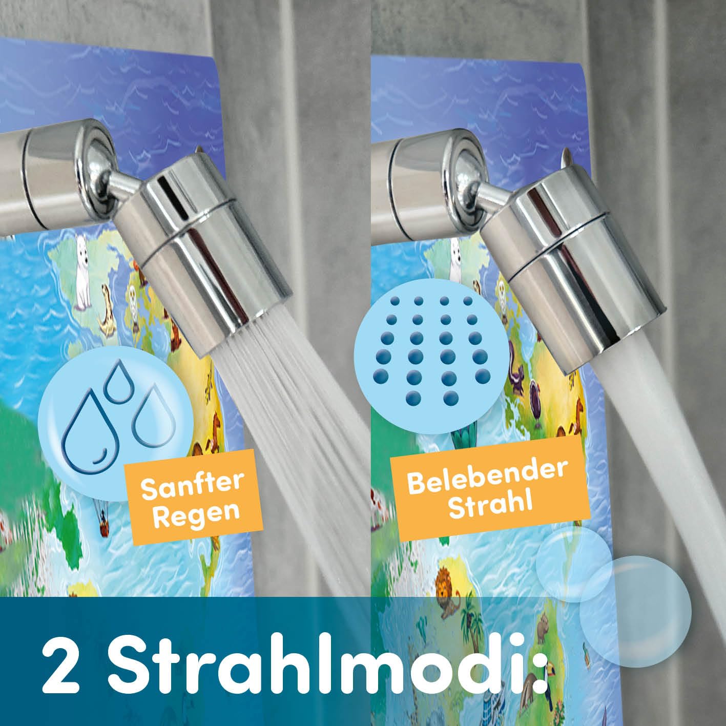 fredis Kinder-Dusche Motiv 'Weltkarte' | Spielerische Wasserabenteuer für Kinder, Montage ohne Bohren, Motiv-Platte mit Duschkopf, Schlauch & 2 Strahlarten | Fördert Selbstständigkeit und Spaß