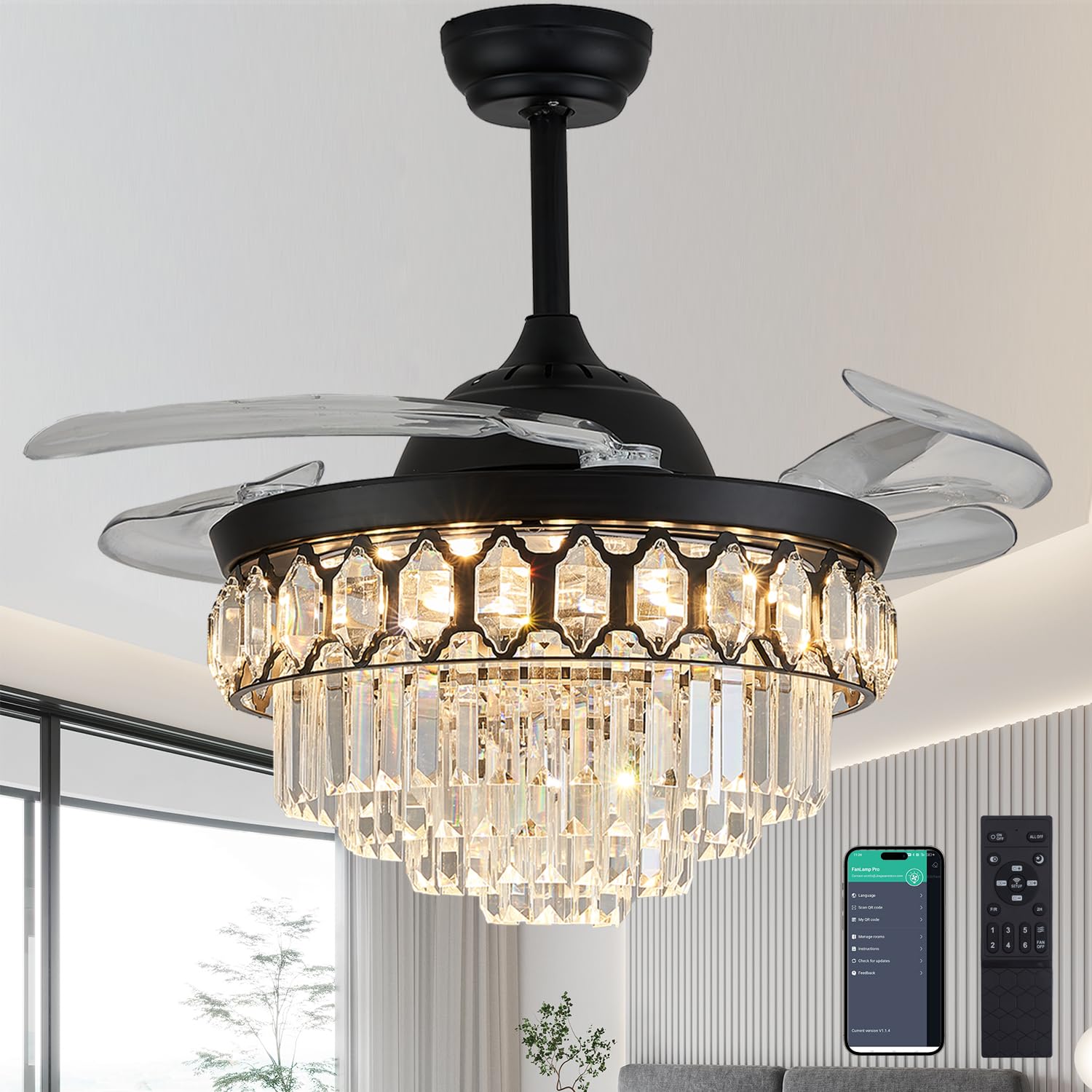 Photo 1 of Trssdre 48" Dimmable Black Fandelier Ceiling Fans with Lights and Remote Modern Retractable Blade Crystal Chandelier Ceiling Fan with Light for Bedroom Dinning Room Living Room