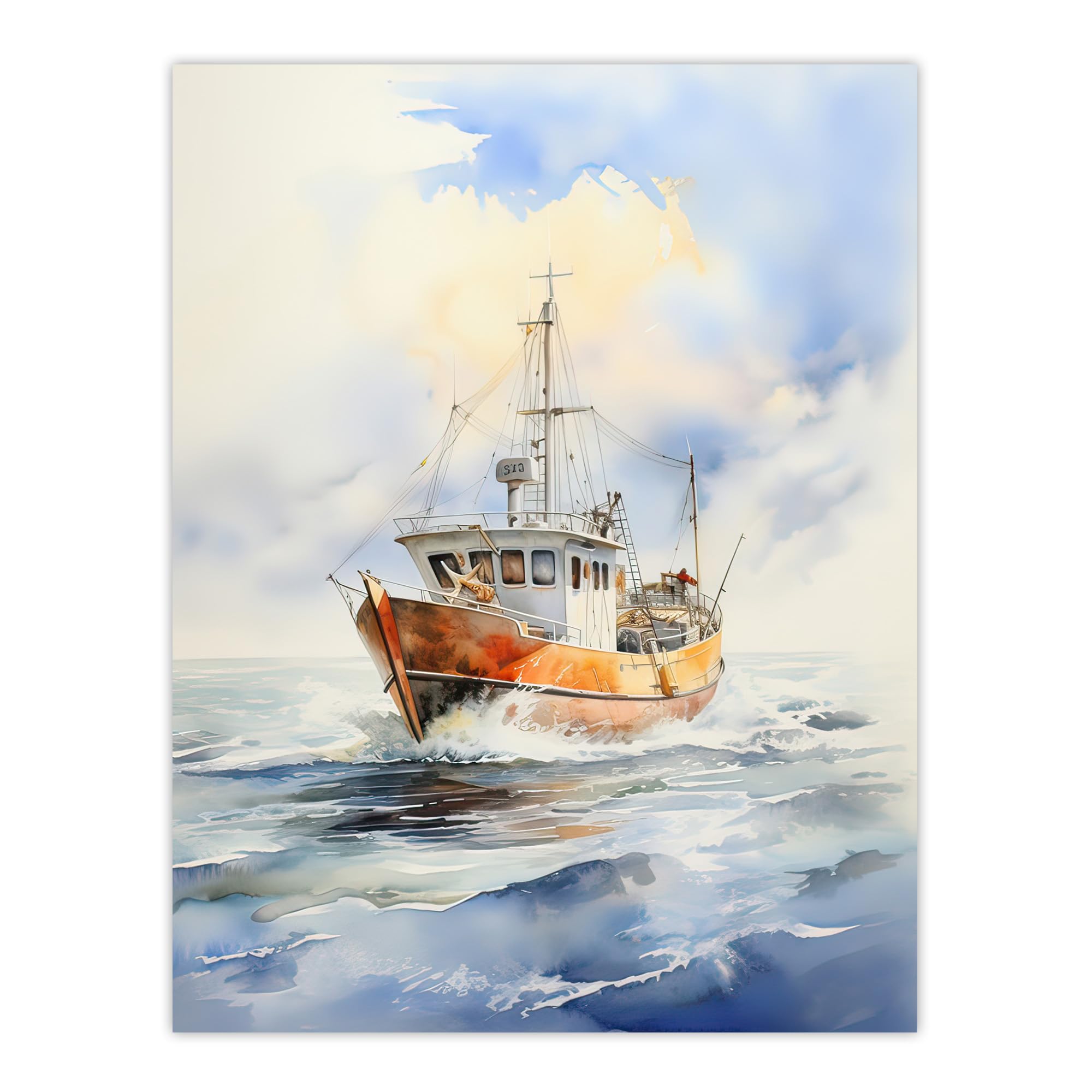 Artery8 Fishing Boat at Sea Detailed Watercolour Seascape Extra Large XL Wall Art Poster Print