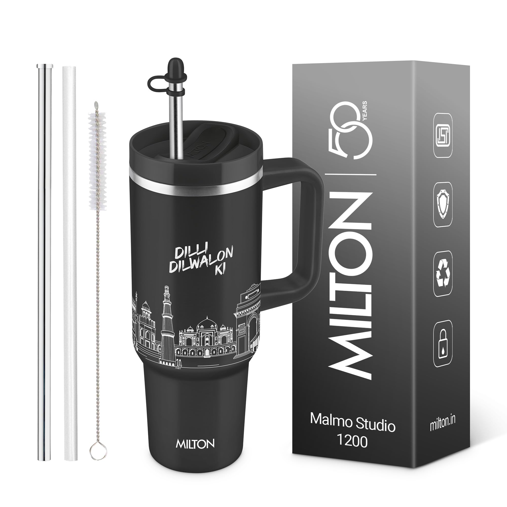 MILTON Malmo 1200 Thermosteel Double Wall Vacuum Insulated Stainless Steel Tumbler with Handle 1100ml, Travel Mug with Straw,Silicon Cap,Cleaning Brush,Hot & Cold Beverage Flask,Delhi Black