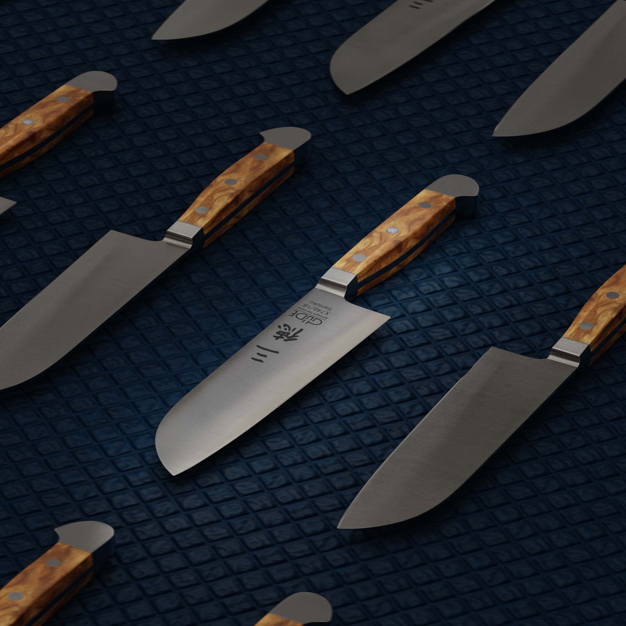 GÜDE Solingen - Nóż Santoku, kuty, 18 cm, drewno oliwne, ALPHA-OLIVE - podwójny trzpień, Ręcznie robiony w Niemczech