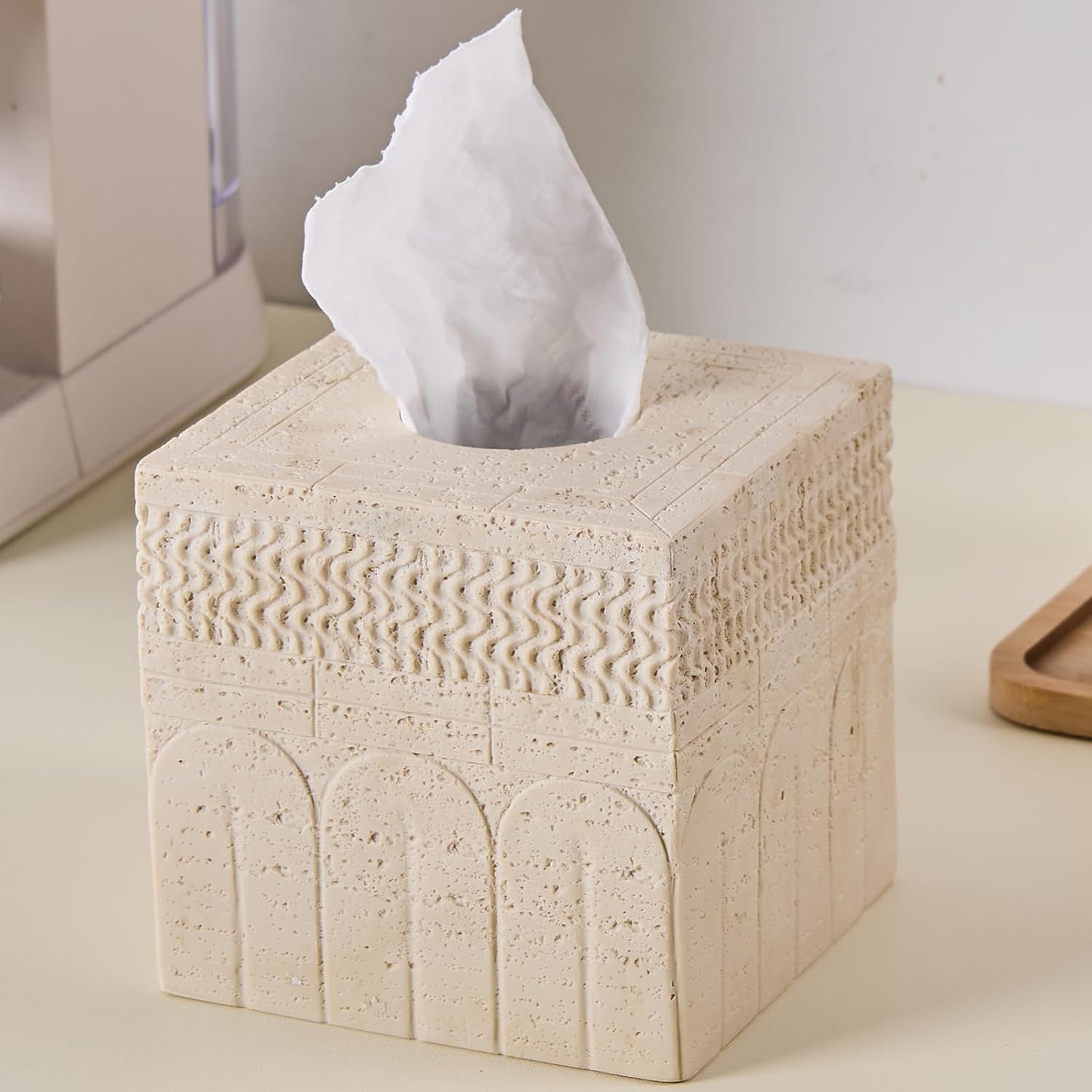 Travertine Tissue Box Cover – Classic Carved Square Resin Tissue Box Holder – Heavy Duty Decorative Home & Bathroom Decor for Countertop, Tabletop, Night Stand, Office – Beige