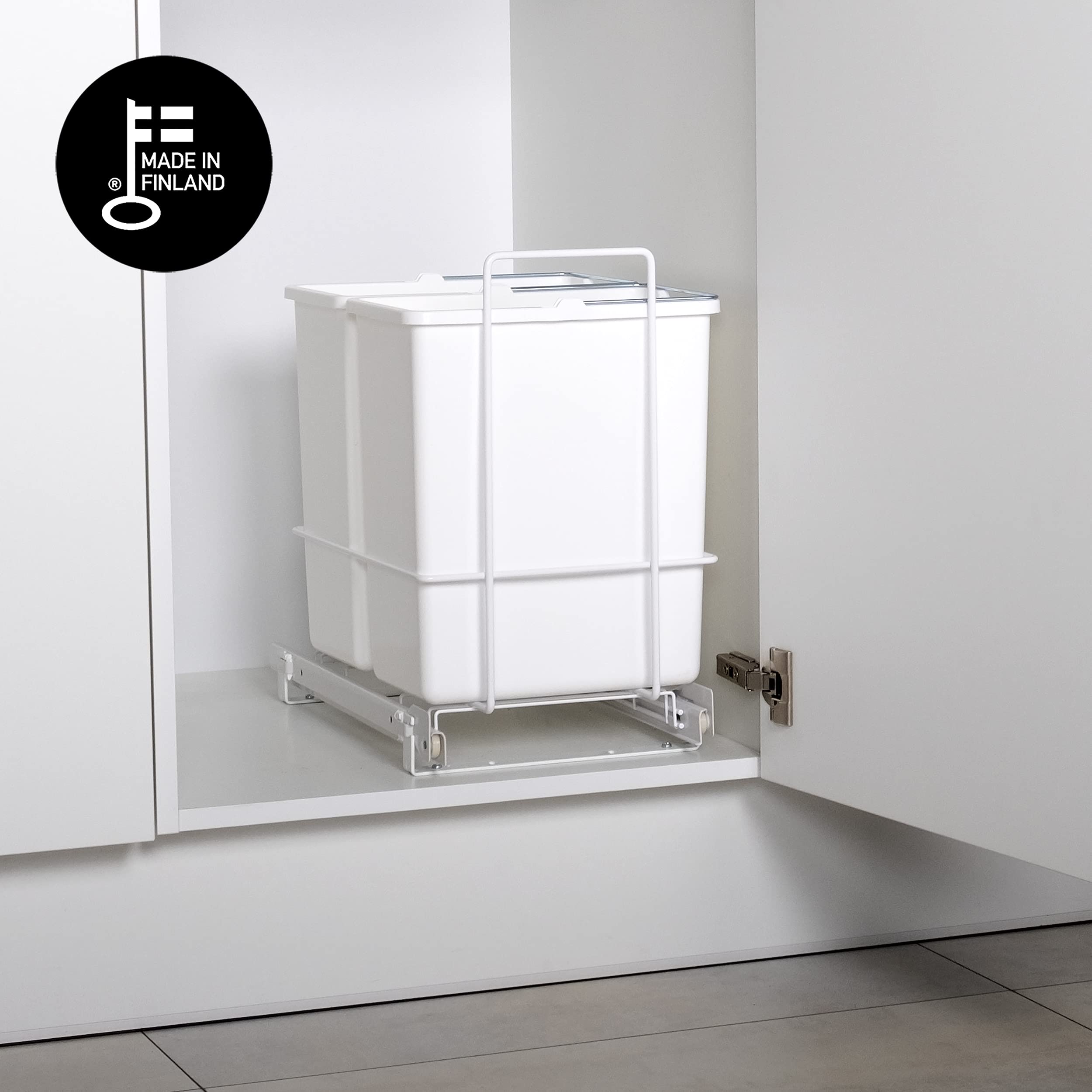 LM 62/2 Einbau Mülleimer ausziehbar mit 2x10L Abfalleimer Korbauszug Weiß 25,8x41,4x39,5 cm - Duo Mülltrennsystem für die Küche Unterschrank