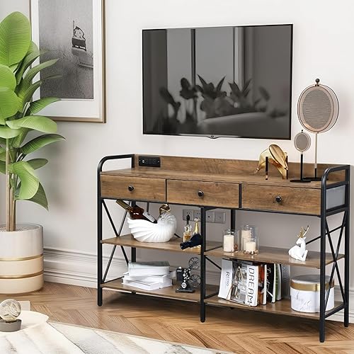 Miniatura 8 de Karl home Mesa consola con puertos USB y tomacorrientes, mesa de entrada, sofá, mesa de TV con 3 cajones de tela, estantes de almacenamiento de 3