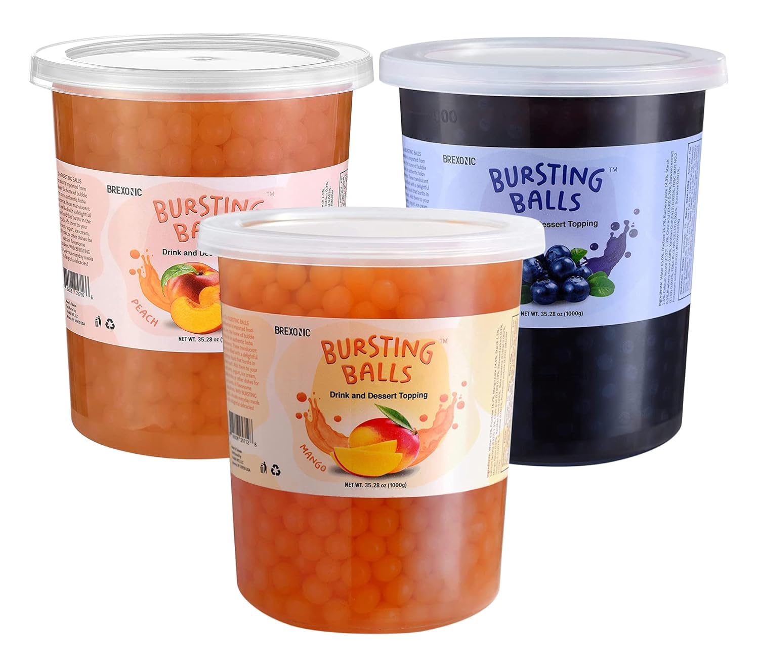 BREXONIC Popping Boba Pearls Bursting Tea Balls Drink & Dessert Topping Strawberry Mango Blueberry Passion Fruit Flavored Bubble Tea Pearls 2 LB (Mango, Blueberry, Peach, 2 Pound (Pack of 3))