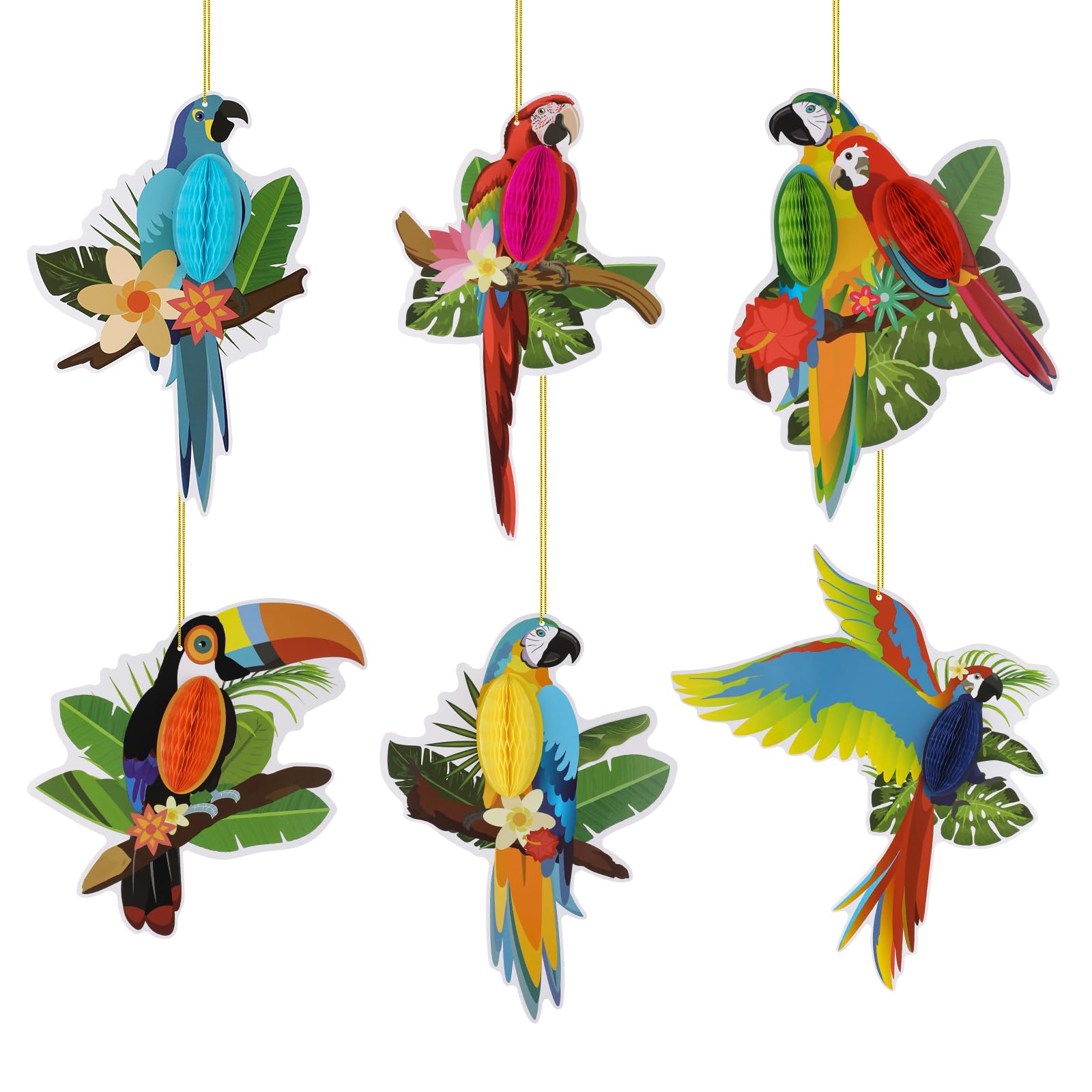 Lot de 6 découpes en papier nid d'abeille avec oiseaux tropicaux colorés, perroquet tropical hawaïen, oiseau en nid d'abeille, décoration de fête sur le thème de la forêt tropicale, décorations à