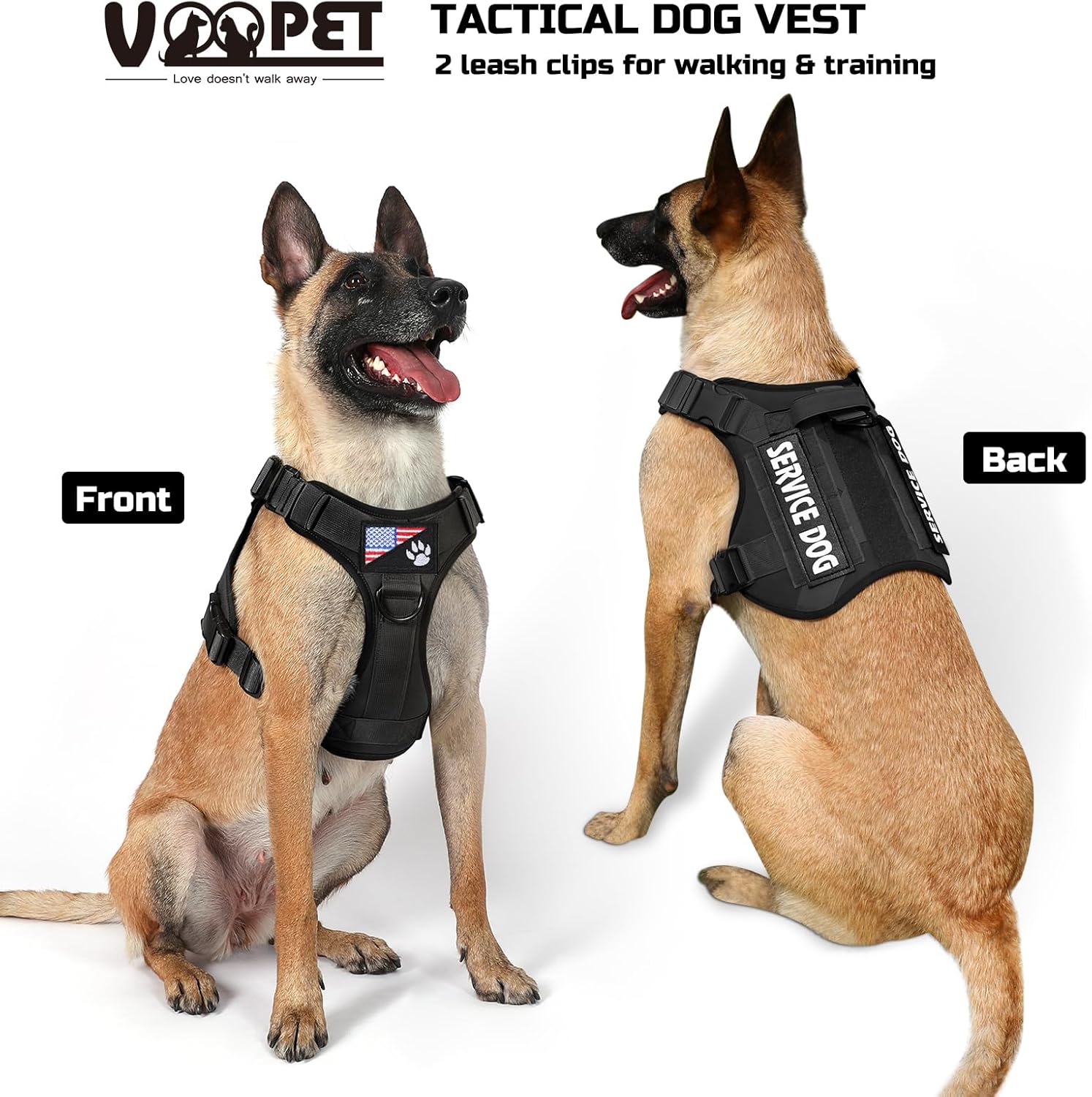 voopet Tactical Dog Harness - Military Emotional Support Service Dog Vest with Handle & Molle for Medium Large Dogs, Easy Control No Pull ESA Dog Vest with 6 Tags for Working Training