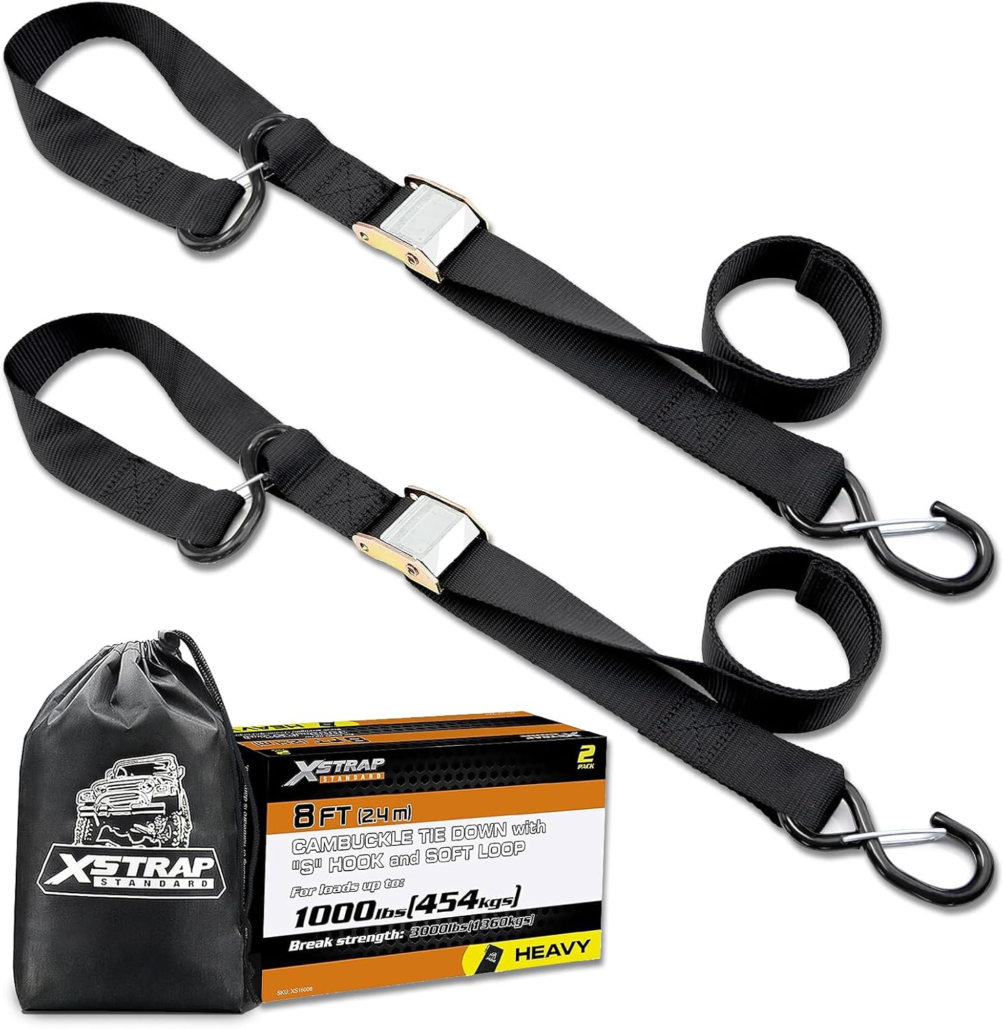 XSTRAP STANDARD Motorcycle Tie Down Straps (2 Pack) 3,000lb Break Strength, 1.5 in X 8FT Heavy-Duty Cambuckle Tie Down Set with S Hook and Soft Loops, Black